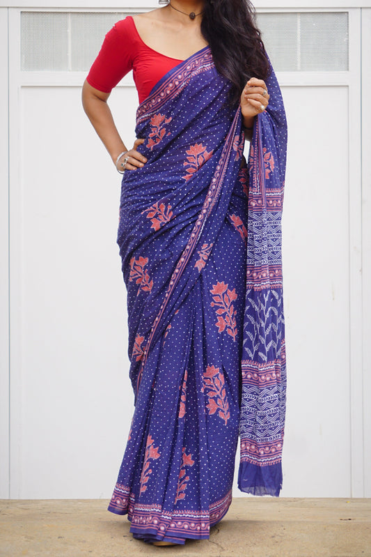 Elegant Navy Blue Handblock Printed Cotton Saree