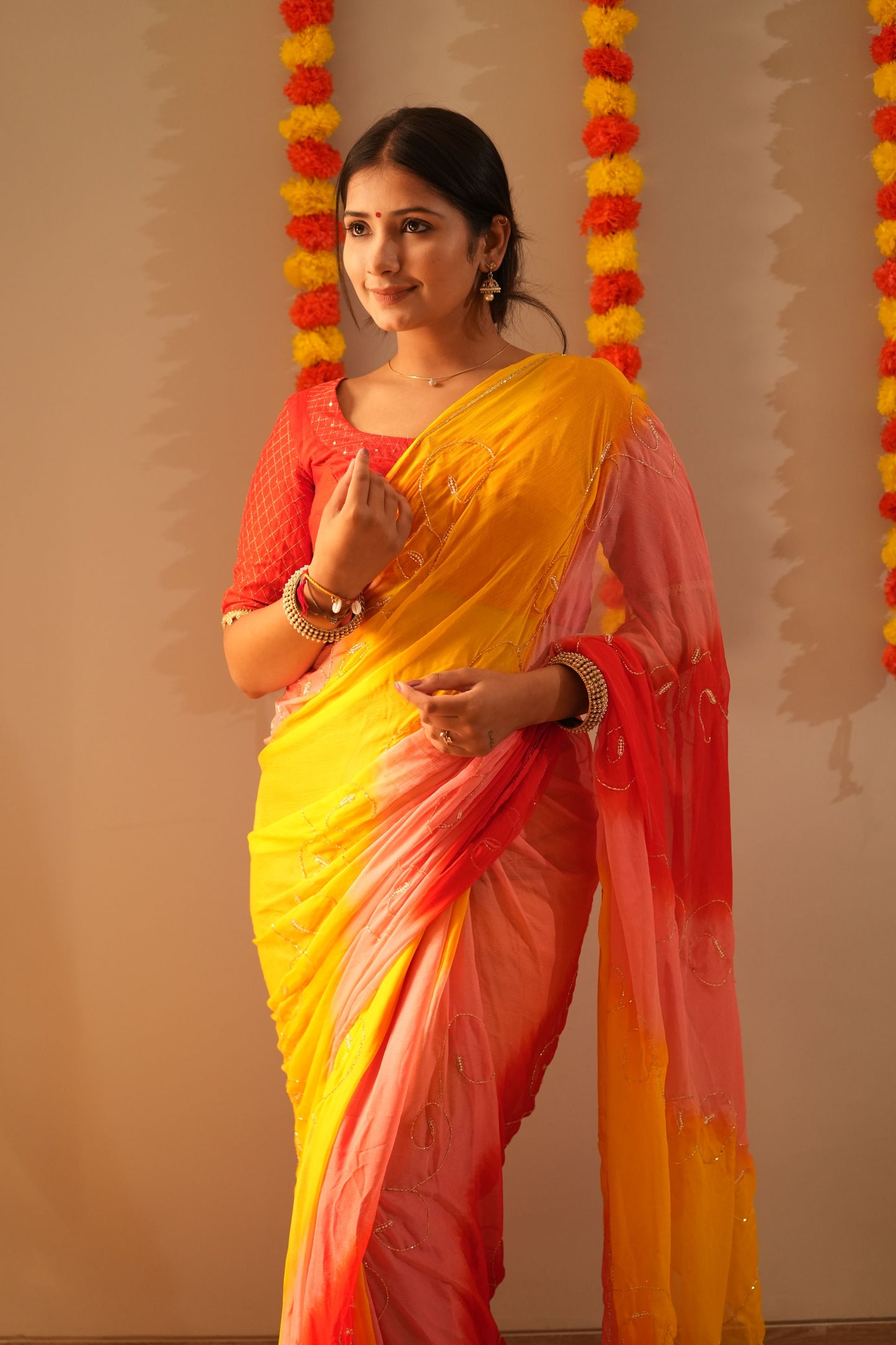 Rani Tri Color Chiffon Pre Pleated Saree