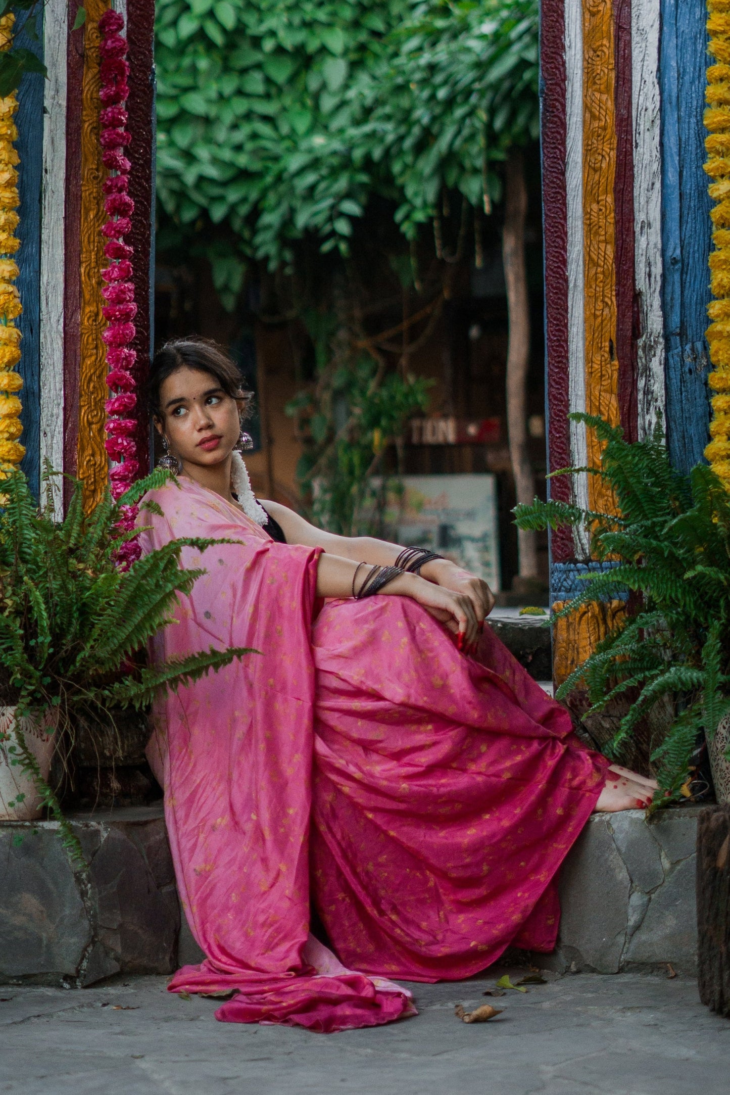 Natural Flower Dyed Rani Habutai Silk Saree