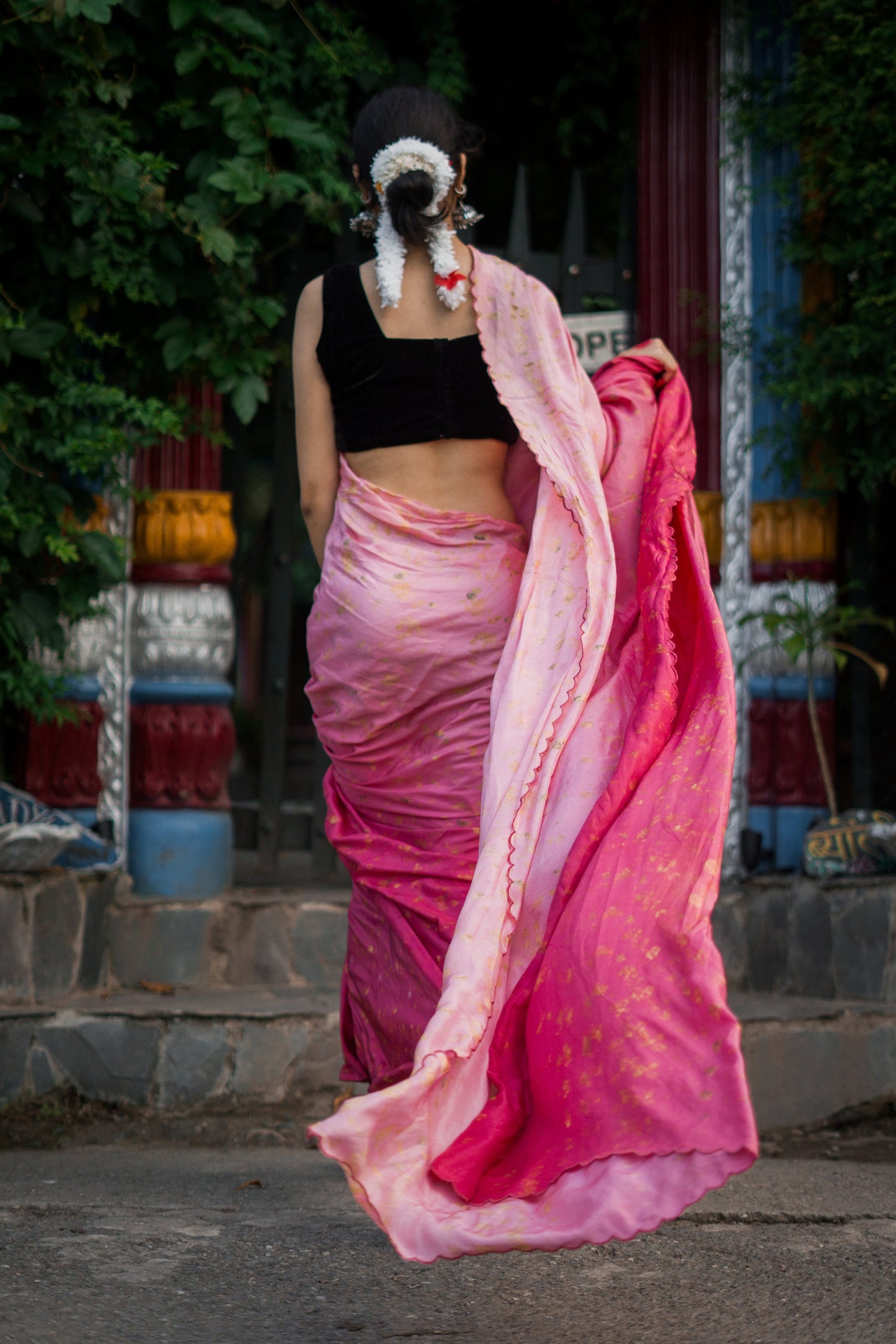 Natural Flower Dyed Rani Habutai Silk Saree
