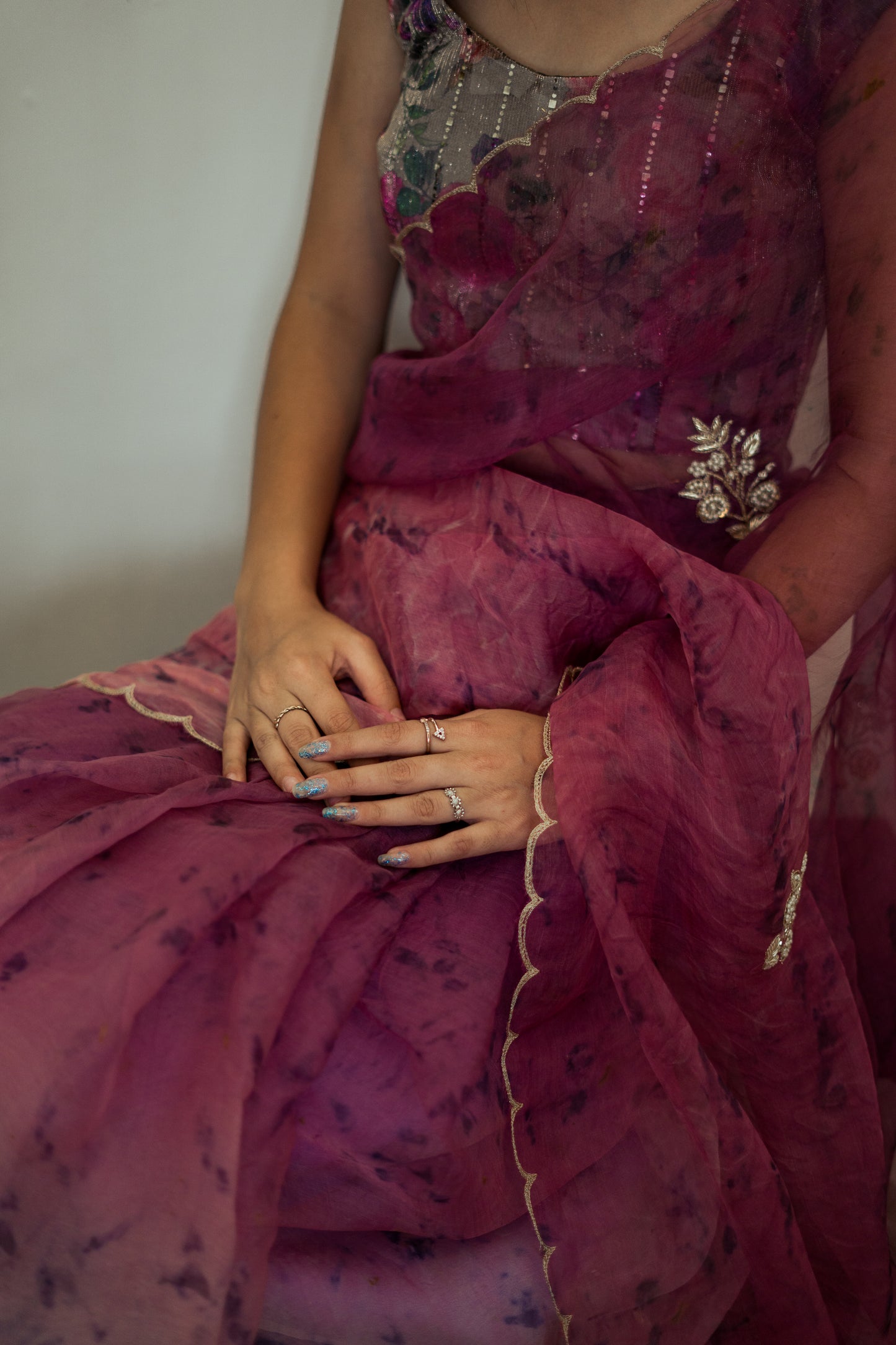Natural Flower Dyed Jamun Hand Embroidered Organza Silk Saree