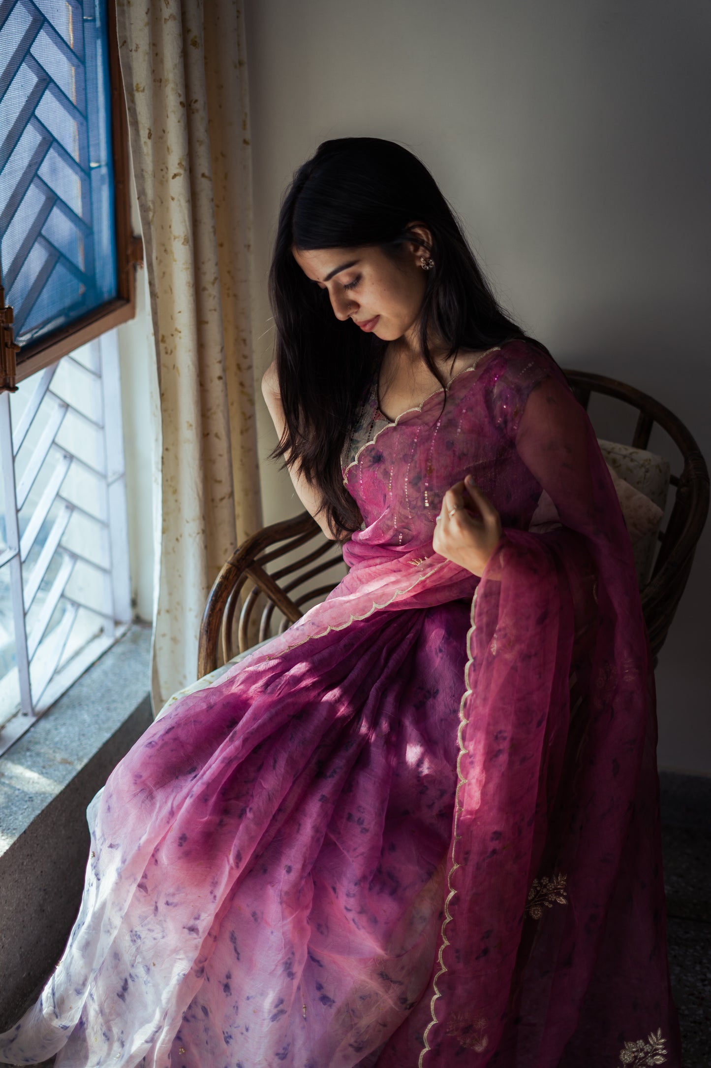 Natural Flower Dyed Jamun Hand Embroidered Organza Silk Saree