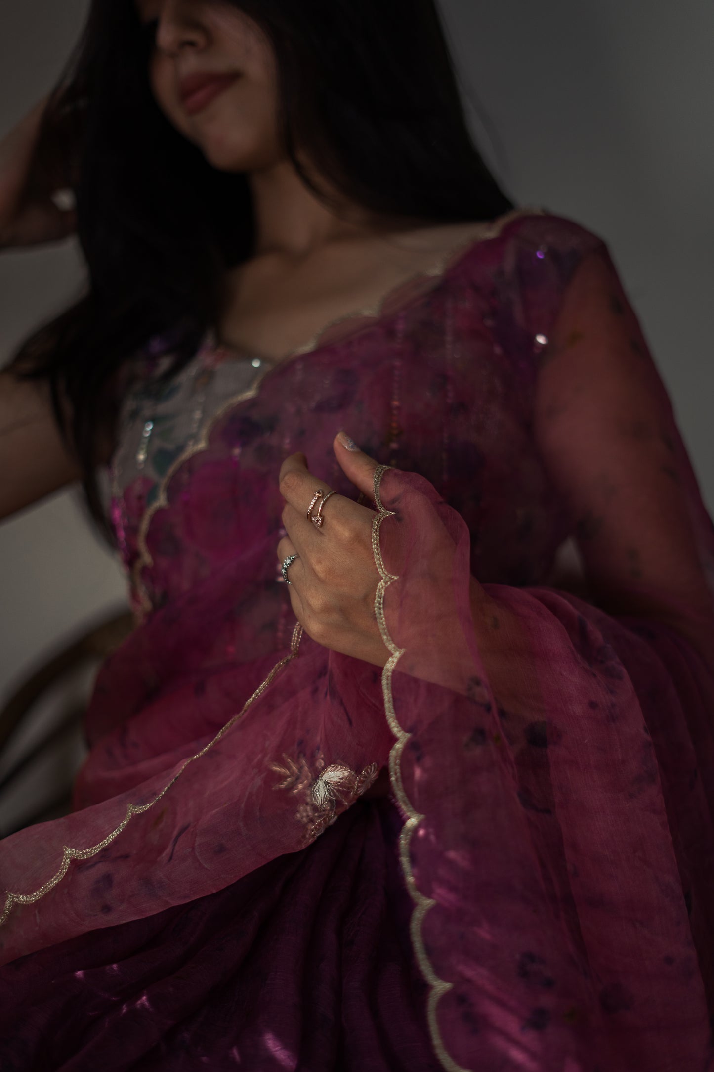 Natural Flower Dyed Jamun Hand Embroidered Organza Silk Saree