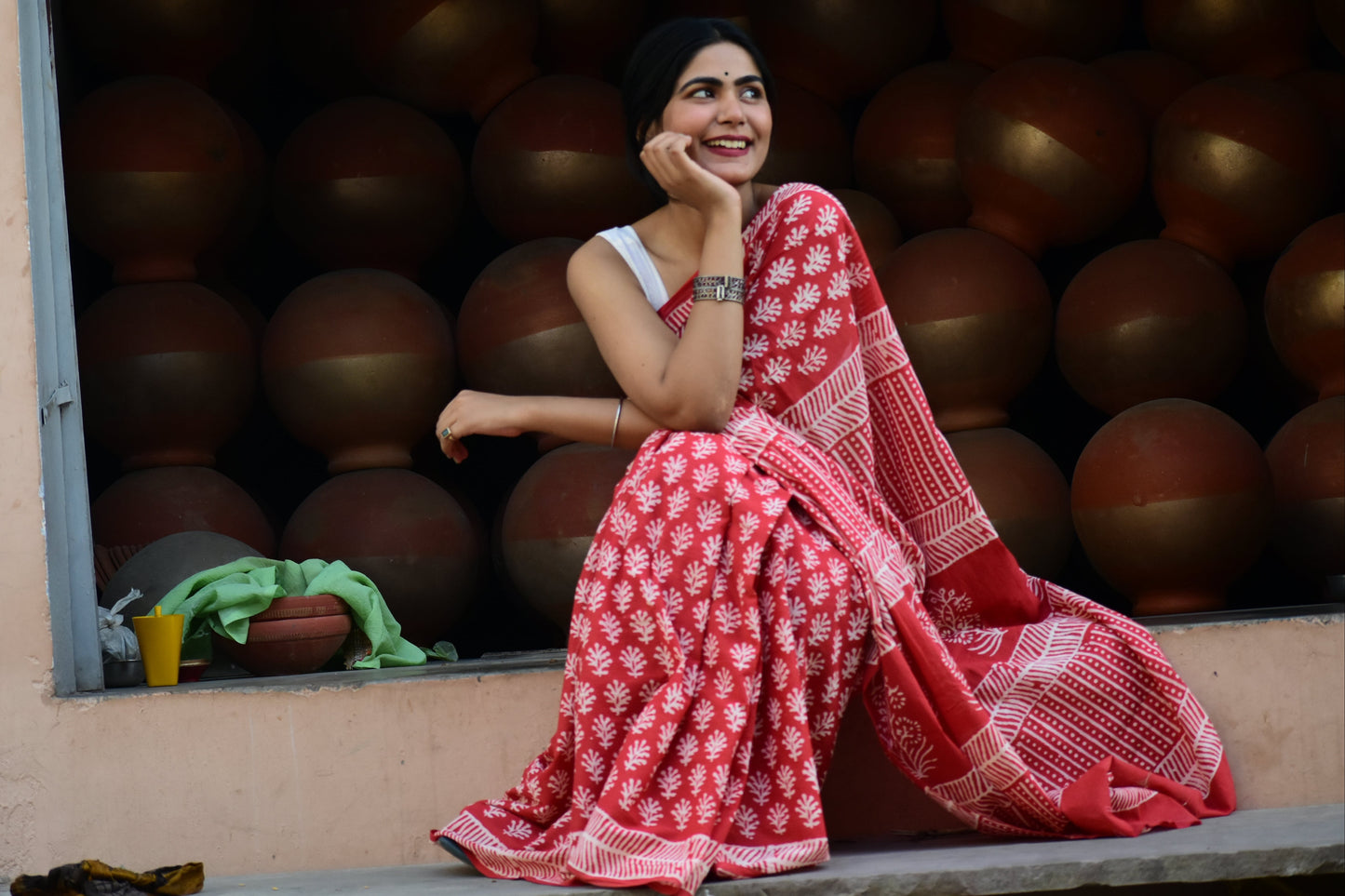 EyeCandy Mulmul Cotton Block Printed Red Saree
