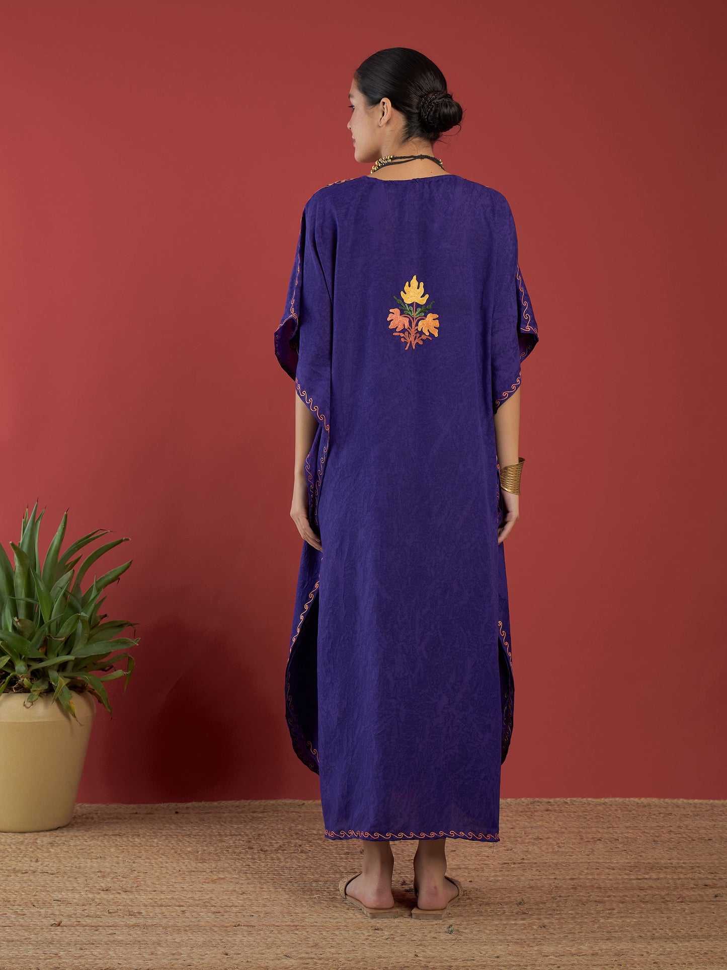 Deep Purple Aari Embroidered Kashmiri Kaftan - Long
