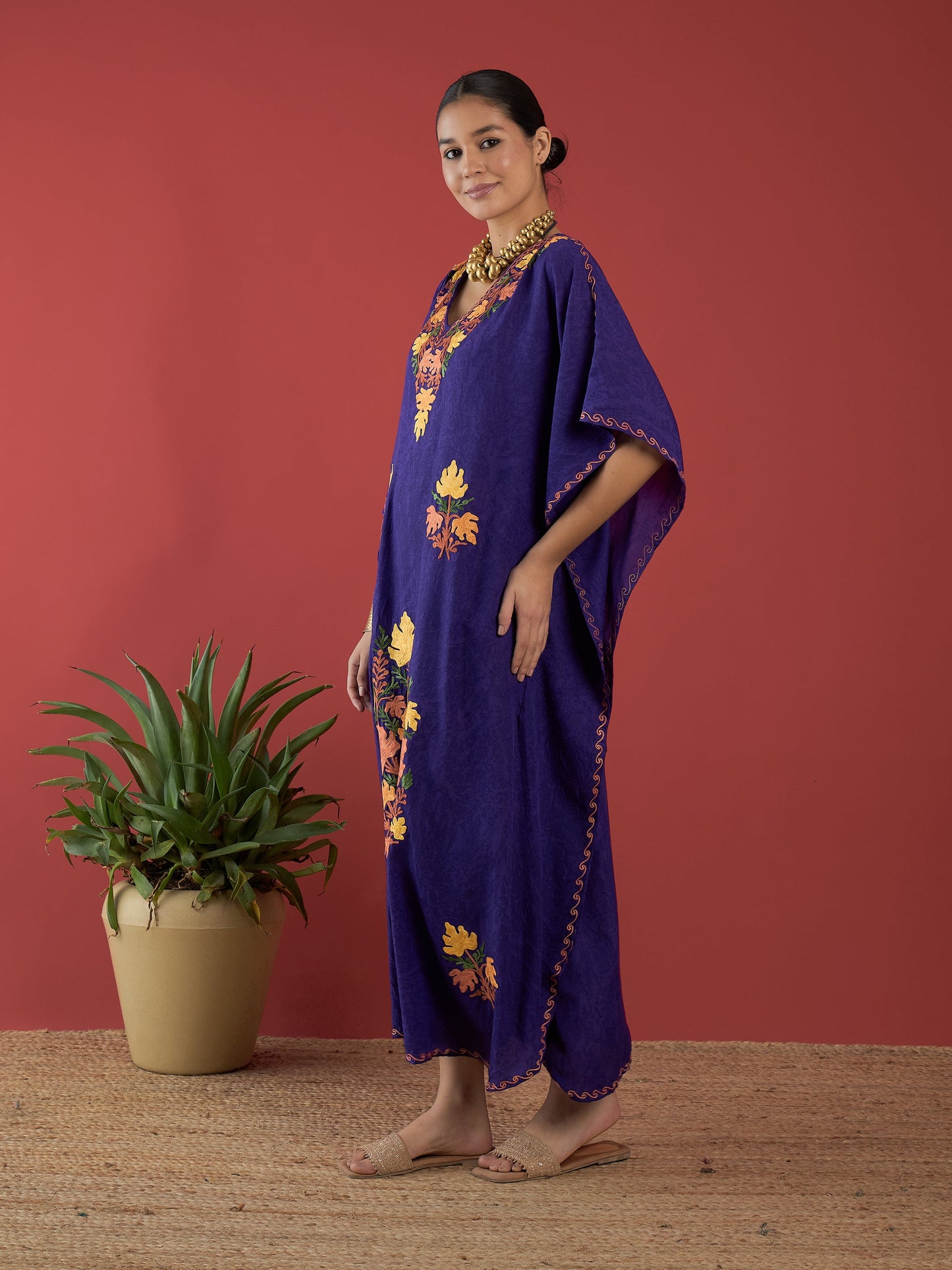 Deep Purple Aari Embroidered Kashmiri Kaftan - Long