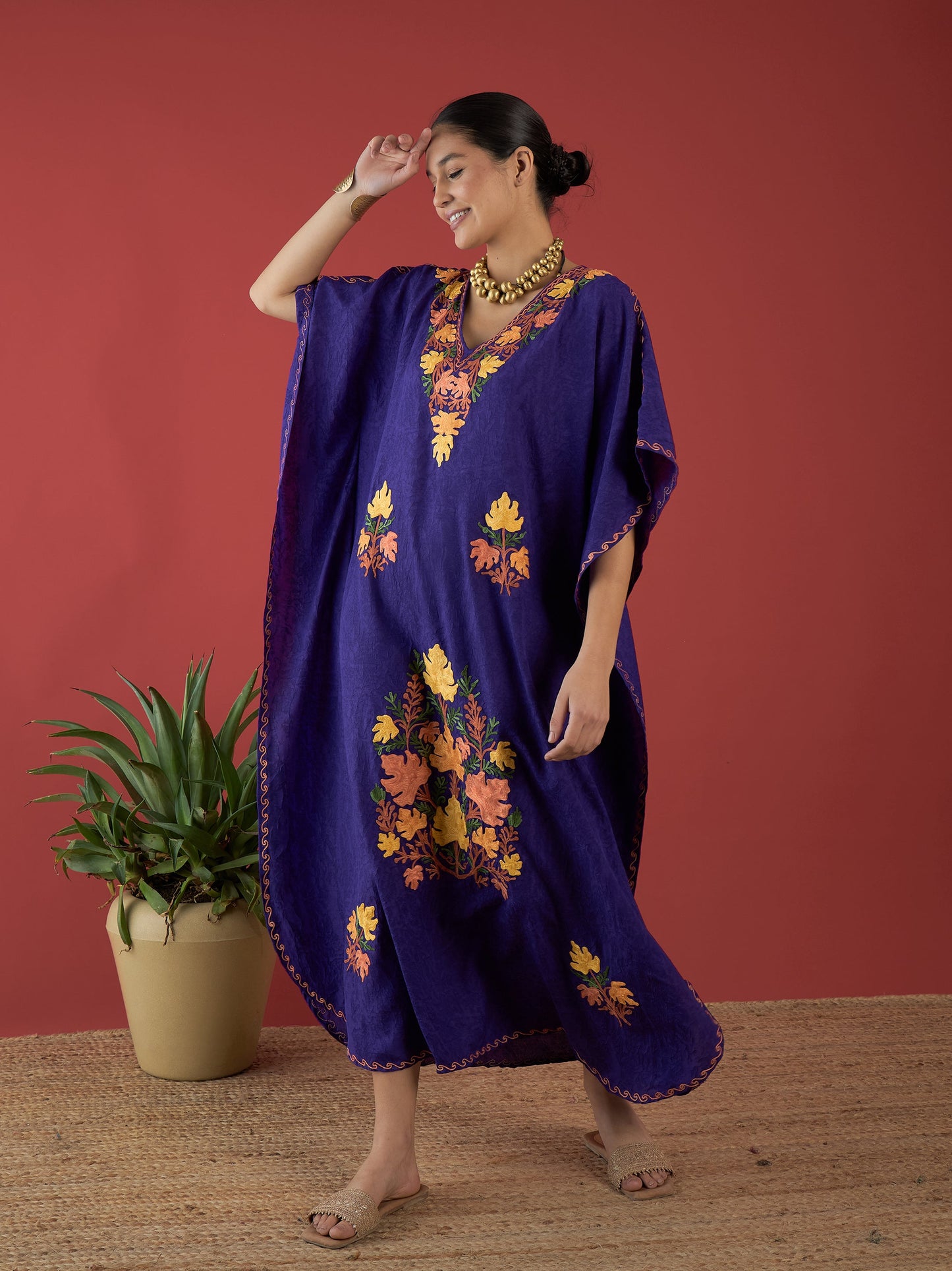 Deep Purple Aari Embroidered Kashmiri Kaftan - Long