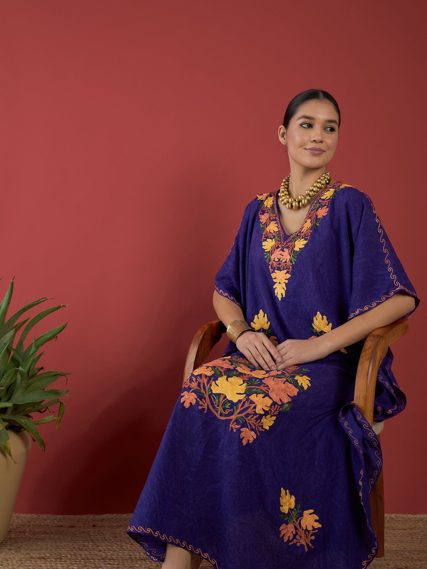 Deep Purple Aari Embroidered Kashmiri Kaftan - Long