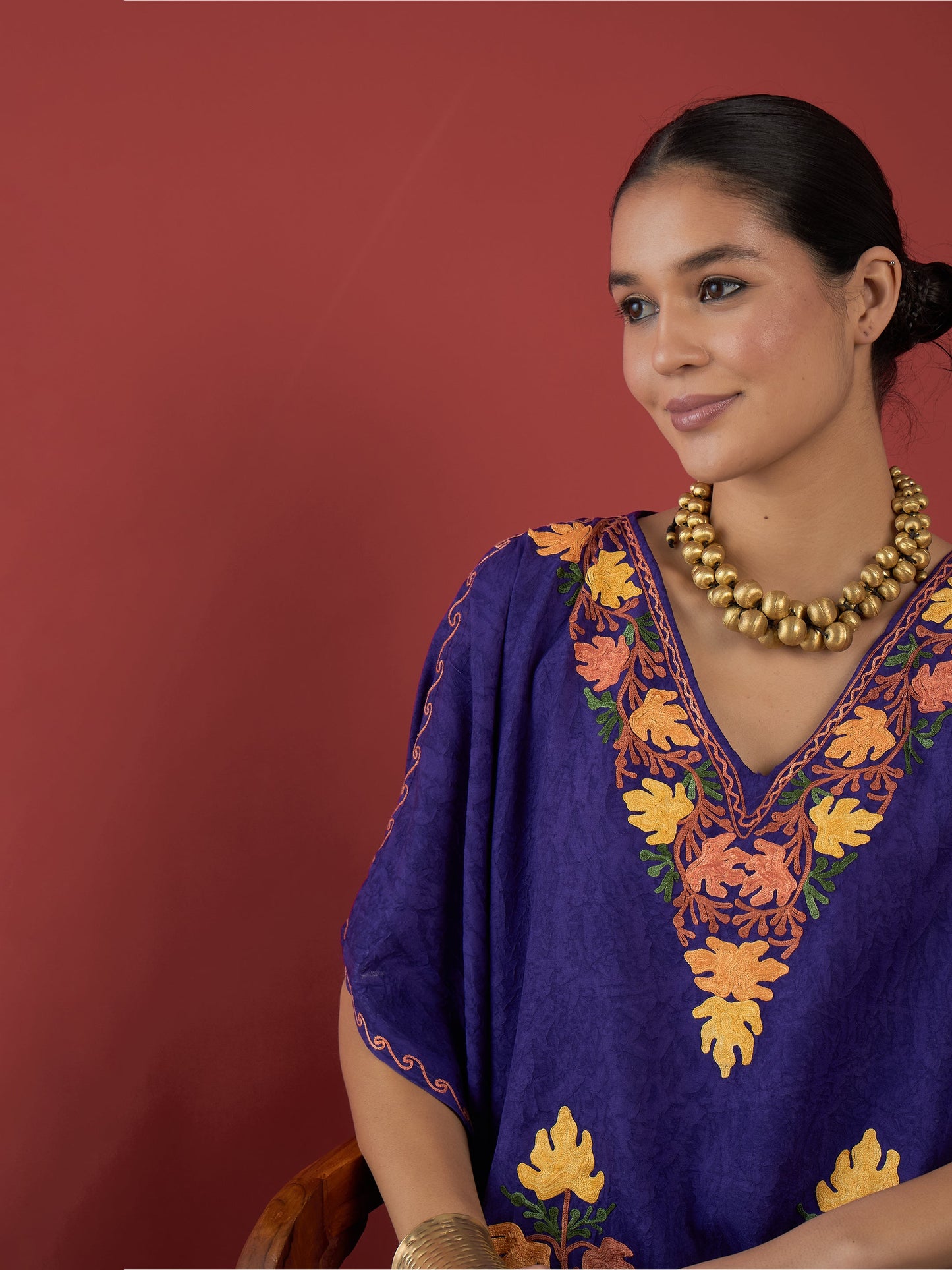 Deep Purple Aari Embroidered Kashmiri Kaftan - Long