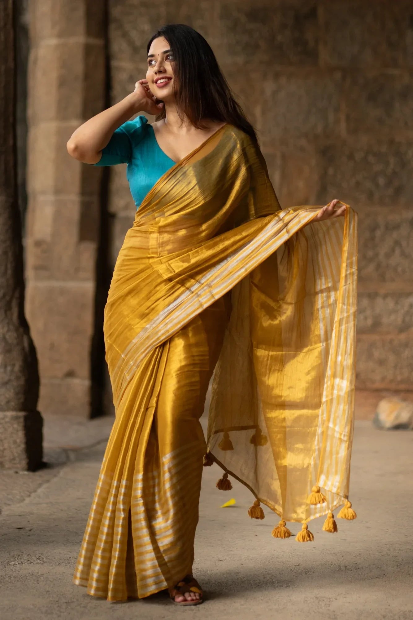 Metallic Zari tissue Saree With Handmade Tassels
