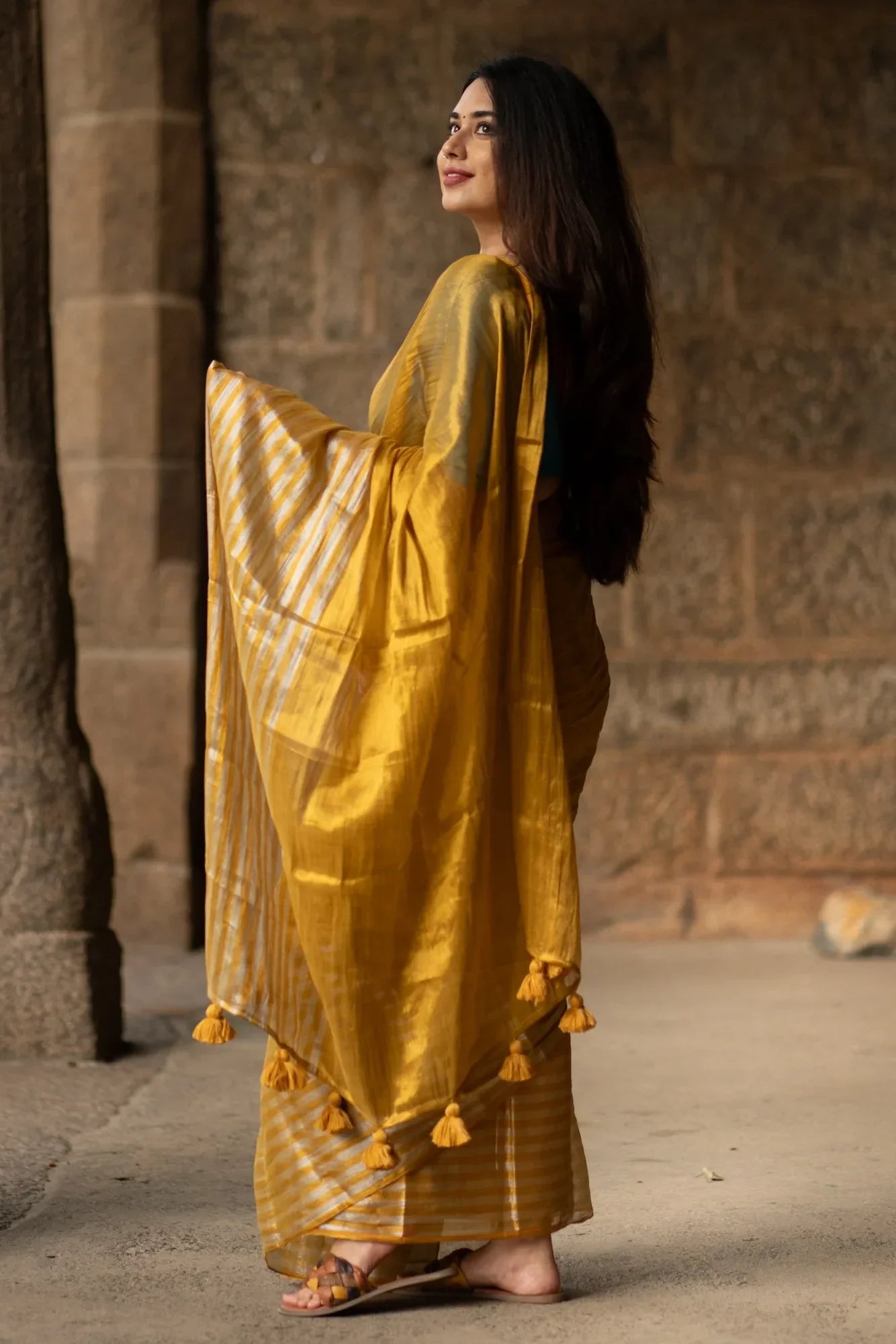 Metallic Zari tissue Saree With Handmade Tassels