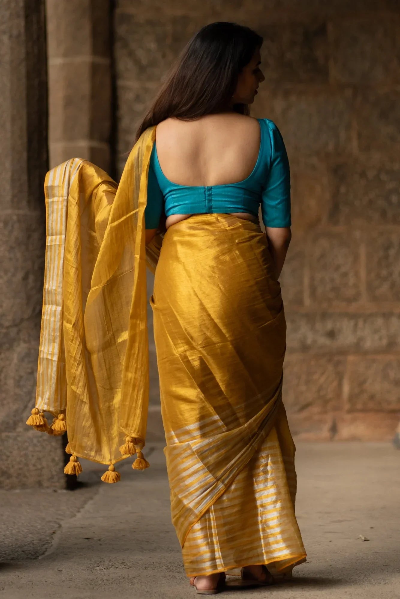 Metallic Zari tissue Saree With Handmade Tassels