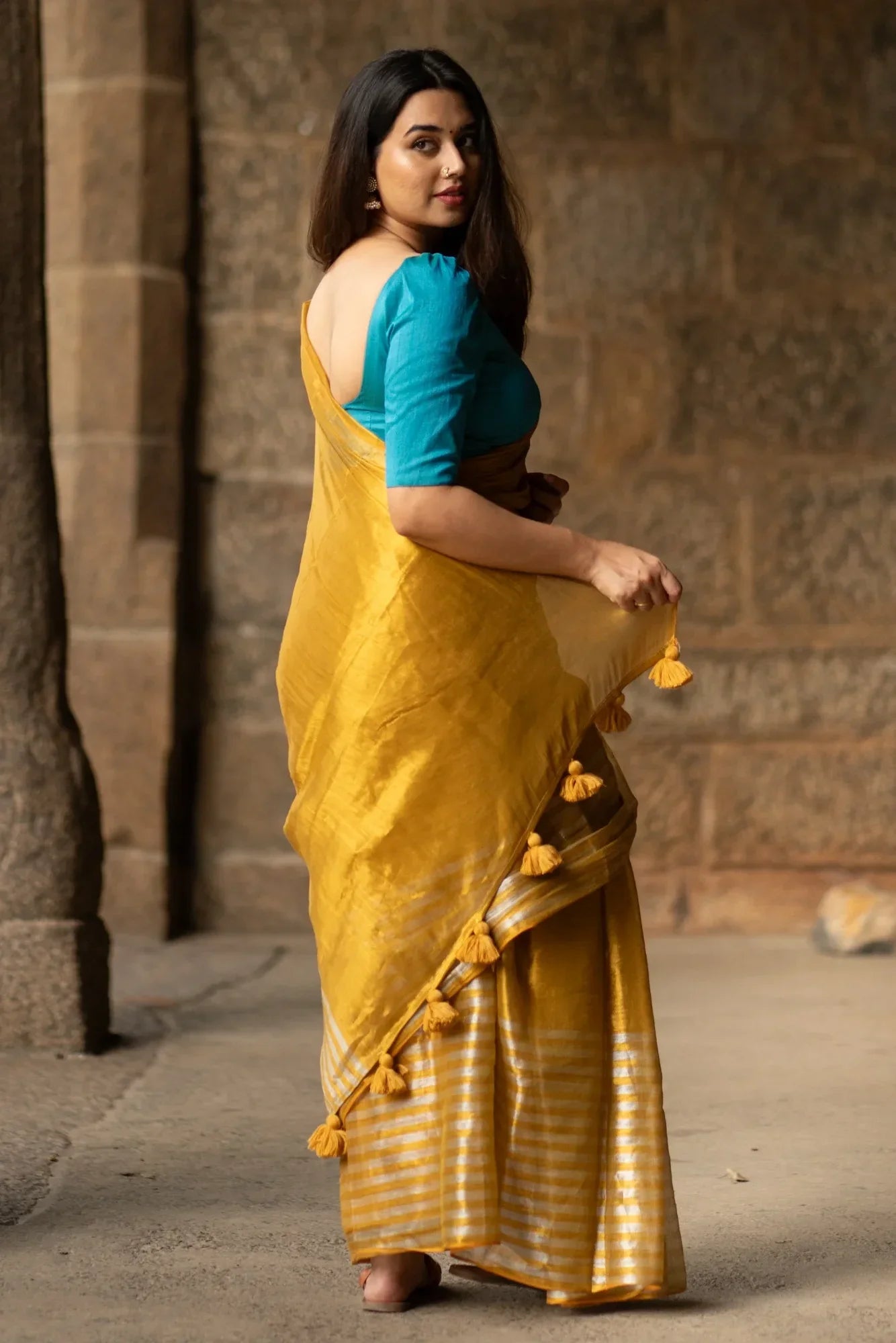 Metallic Zari tissue Saree With Handmade Tassels