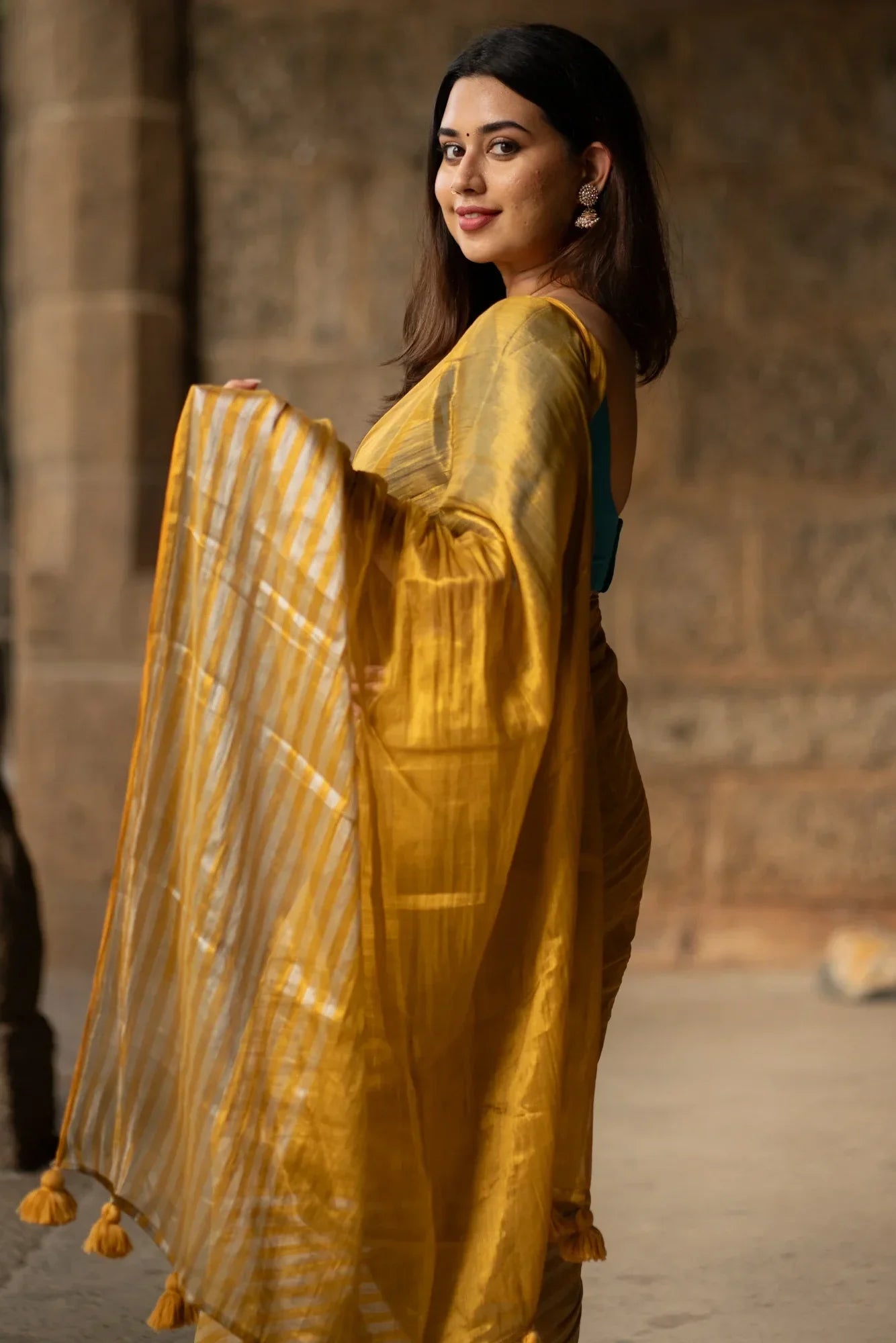 Metallic Zari tissue Saree With Handmade Tassels