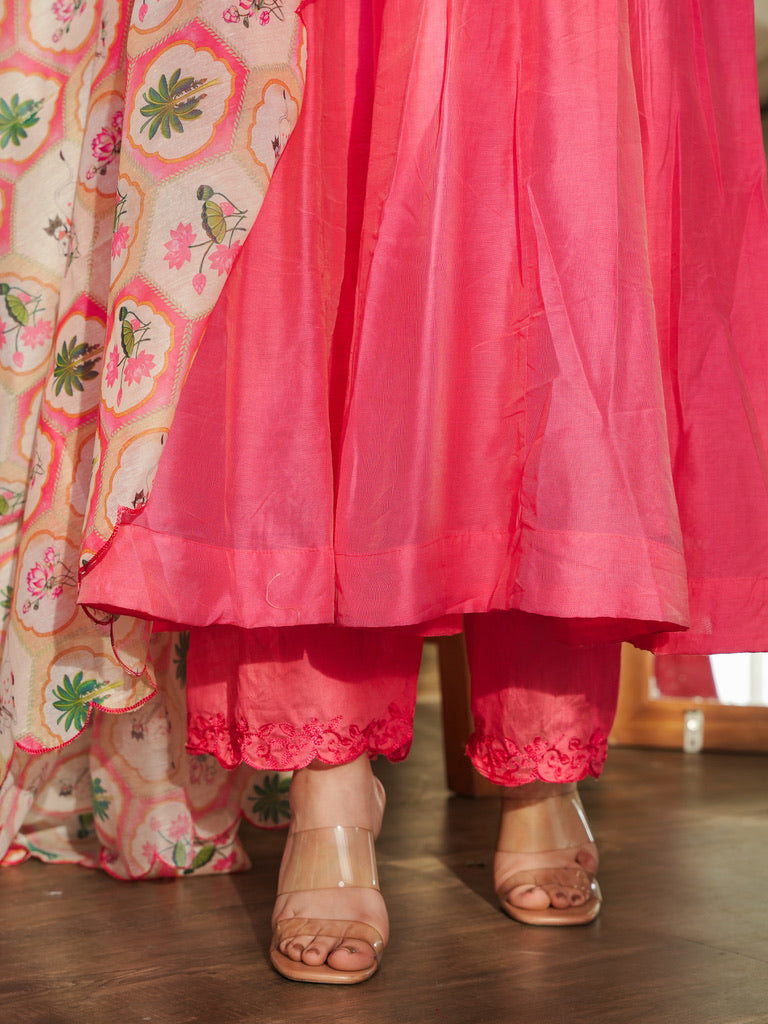 Jaana Pink Chanderi Anarkali Suit with Aari Embroidery & Digital Print Floral Jaal Dupatta
