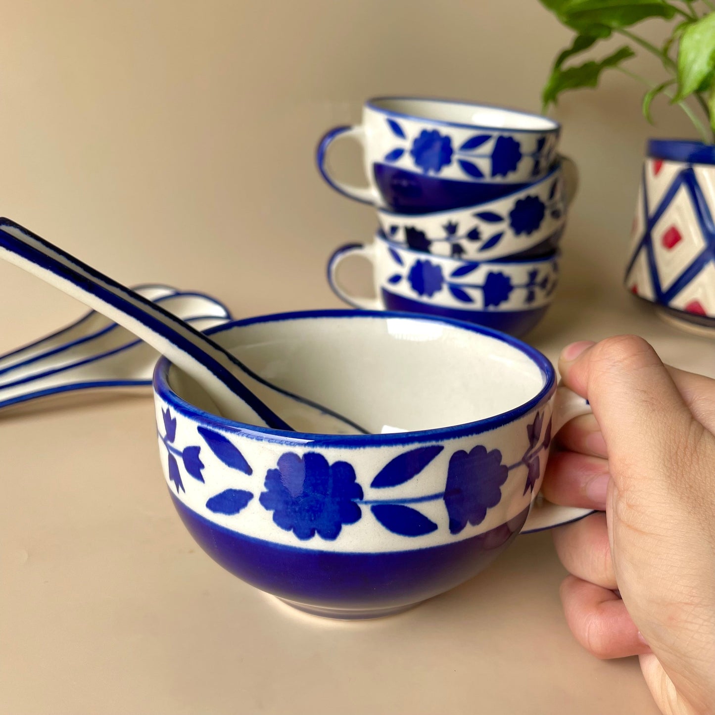 Blue Floral Soup Cup With Spoon