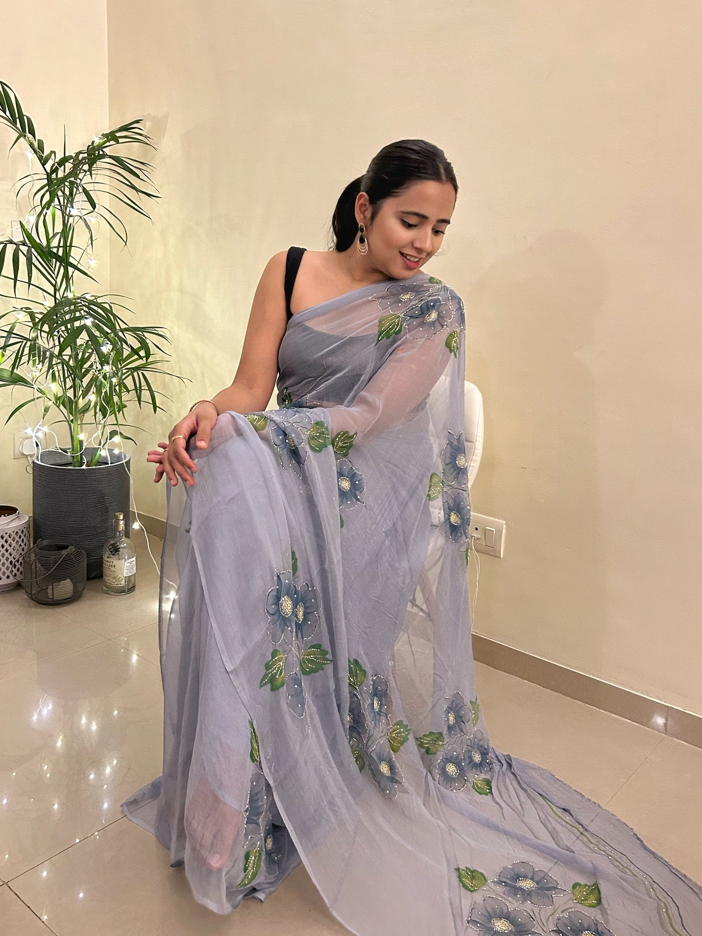 Gudhal ka Phool - Hand Painted Pre Pleated Chiffon Saree