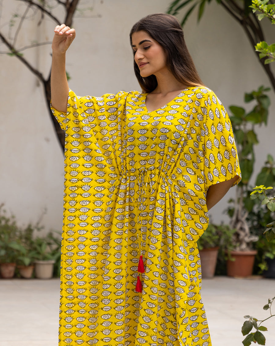 Nazar Battu Hand Block Printed Cotton Midi Kaftan
