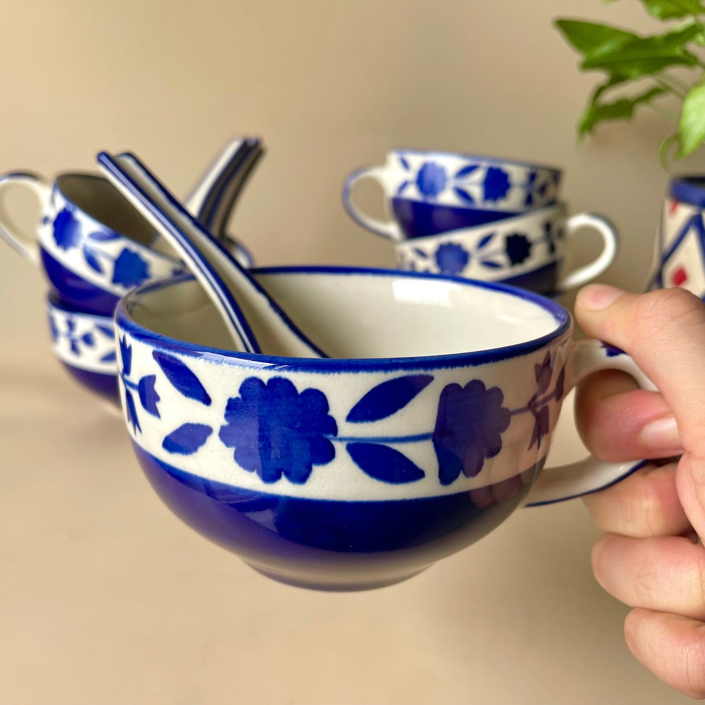 Blue Floral Soup Cup With Spoon