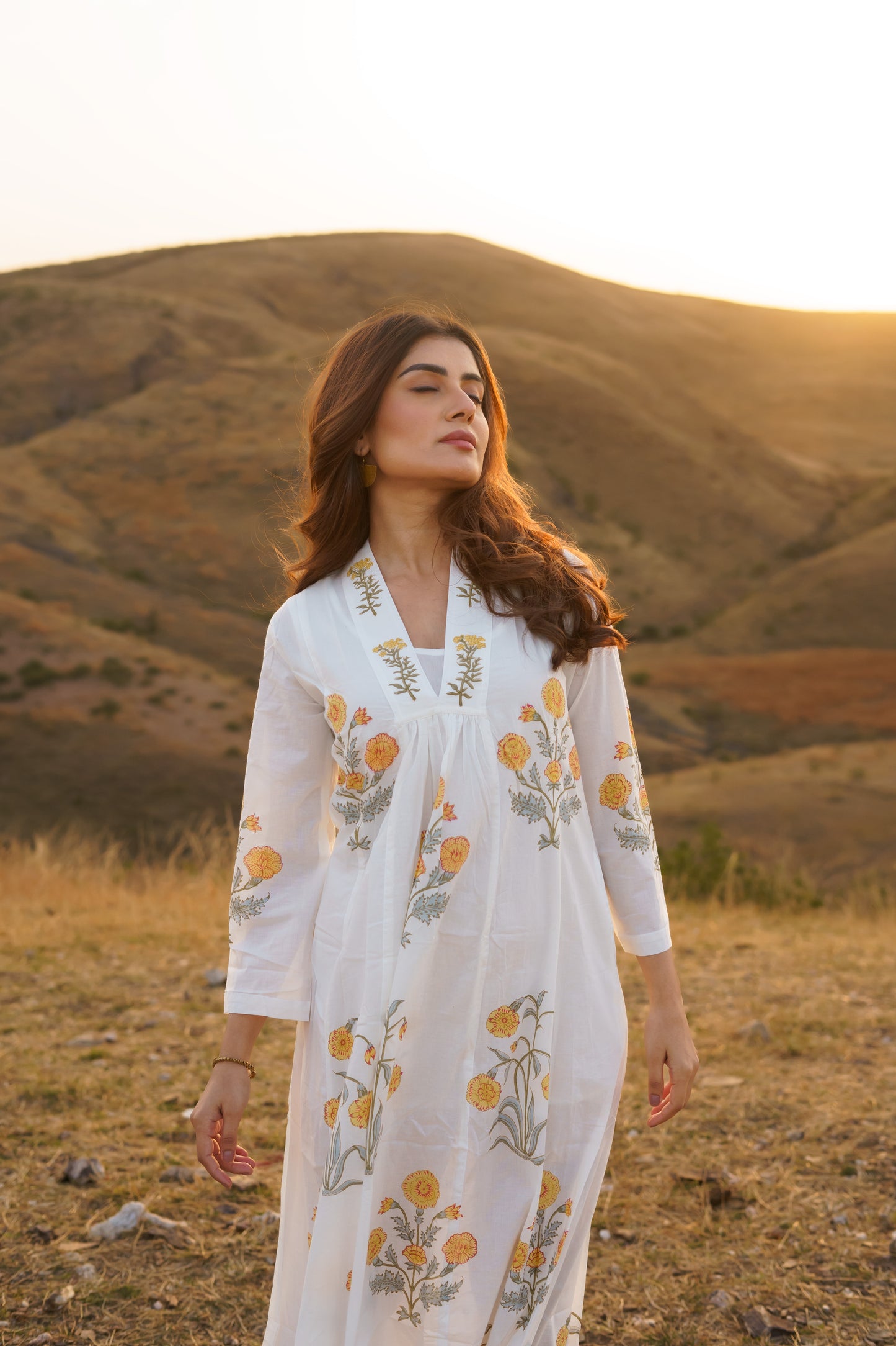 Firdous Marigold Cotton Block Print Long Dress