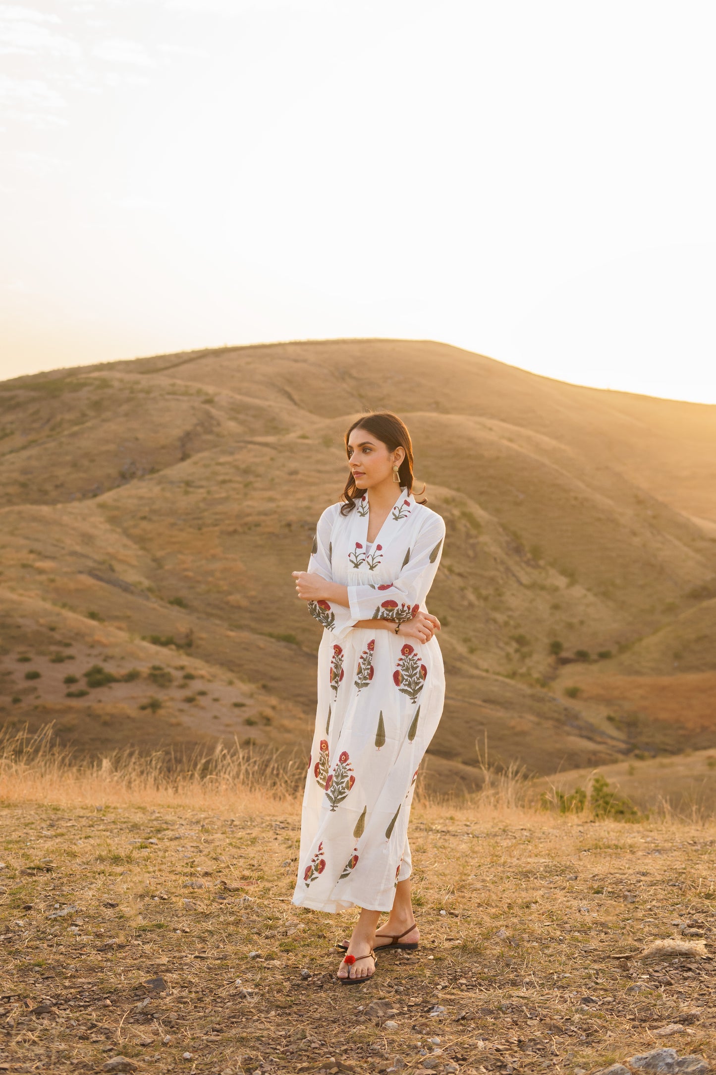 Firdous Poppy Cotton Block Print Long Dress