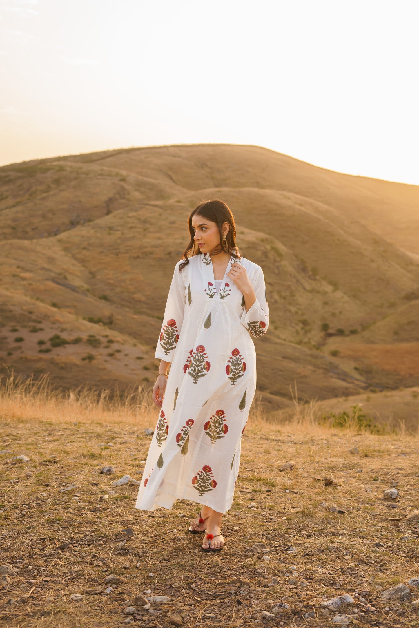 Firdous Poppy Cotton Block Print Long Dress