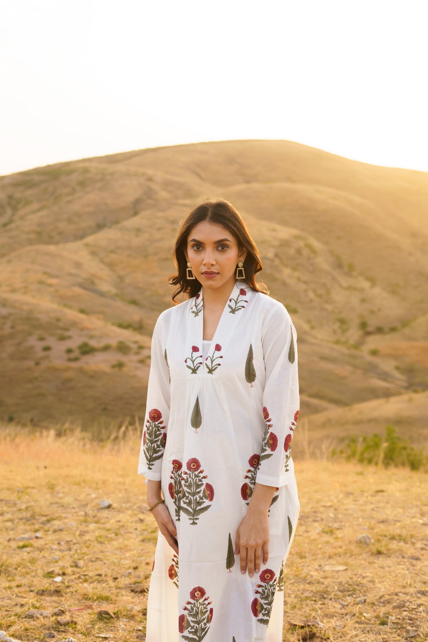 Firdous Poppy Cotton Block Print Long Dress