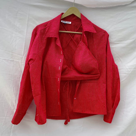 Red Katha Shirt with Bralette Combo