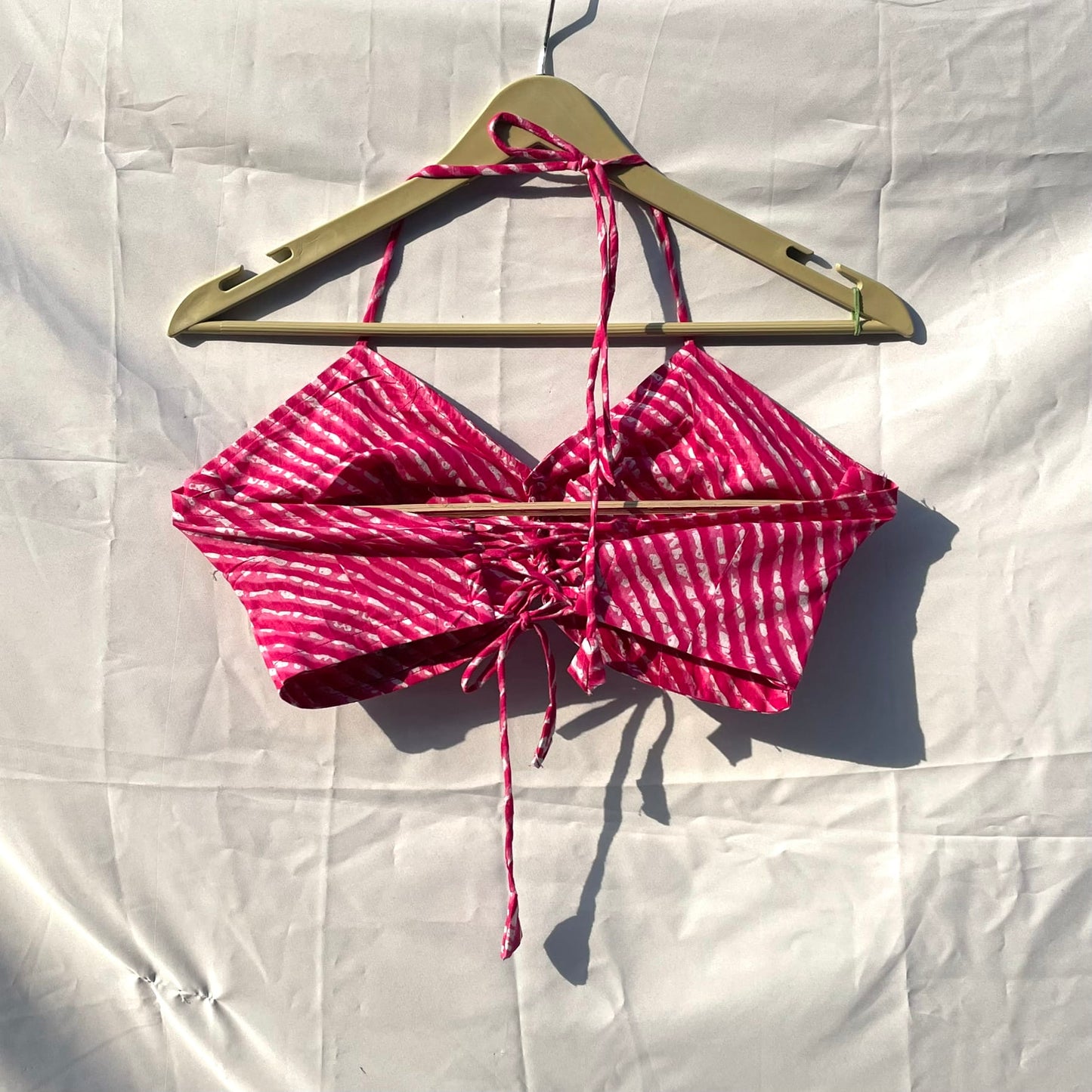 Pink Lehariya Criss Cross Cotton Bralette