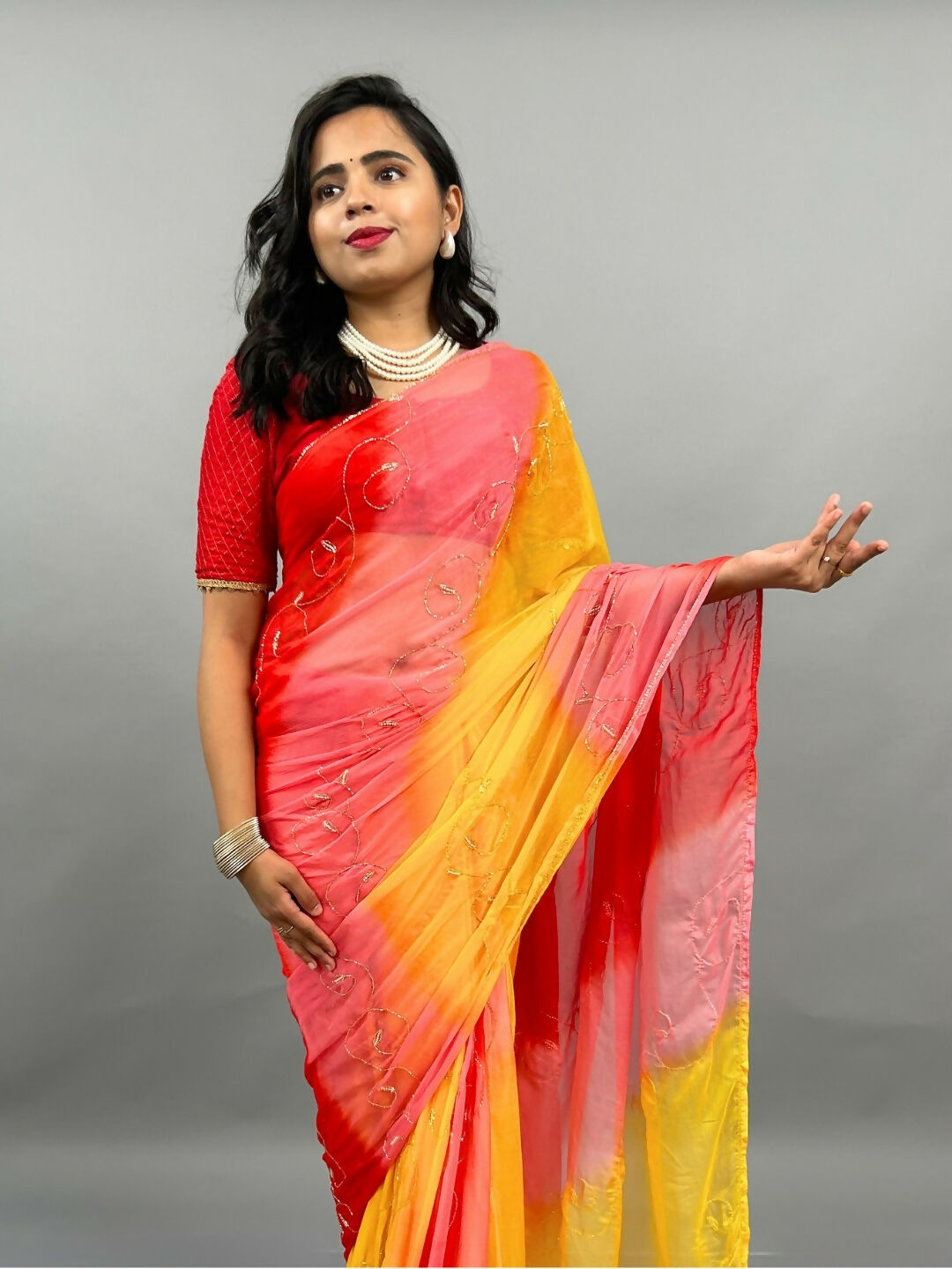 Rani Tri Color Chiffon Pre Pleated Saree