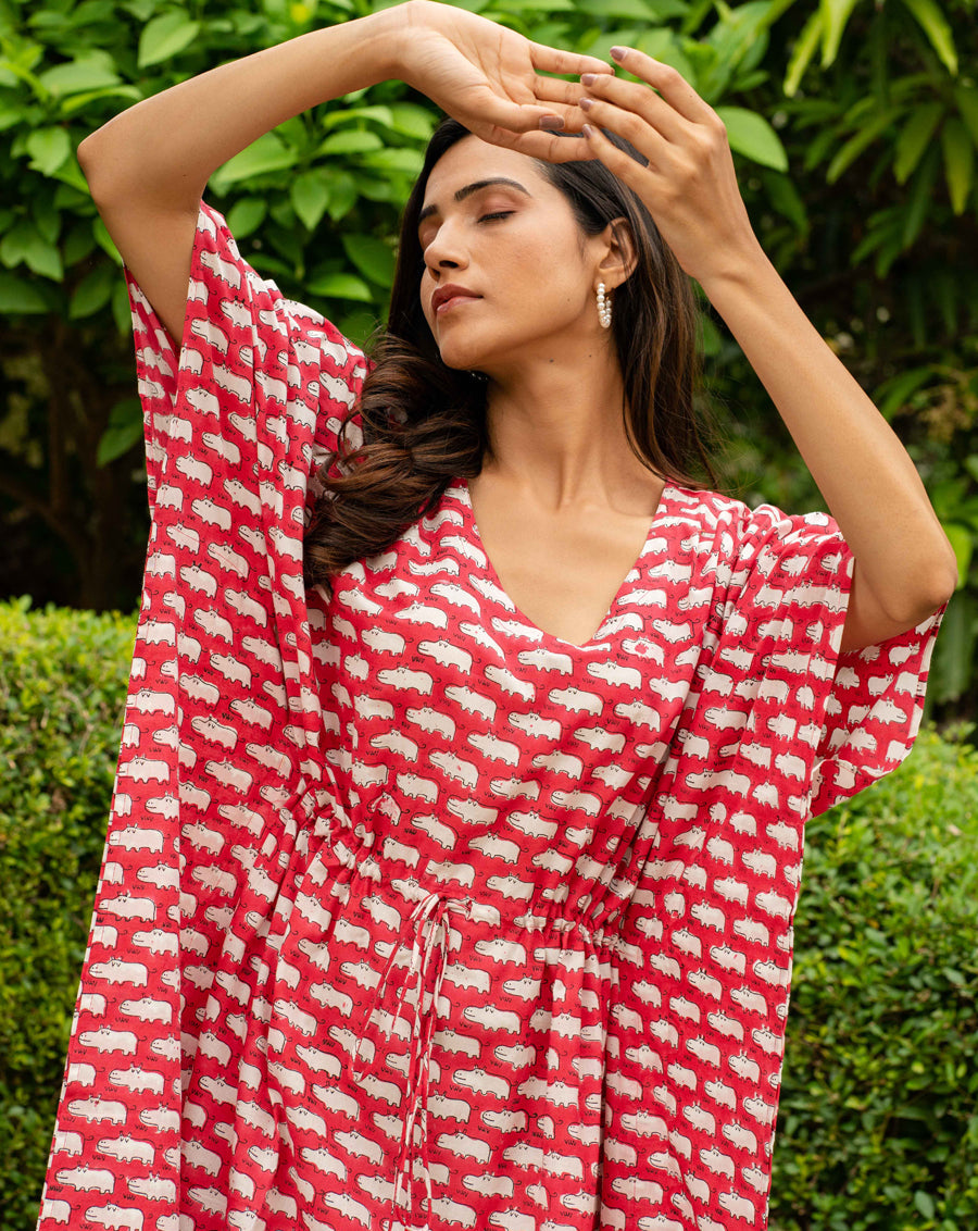 Happy Hippos Hand Block Printed Cotton Kaftan