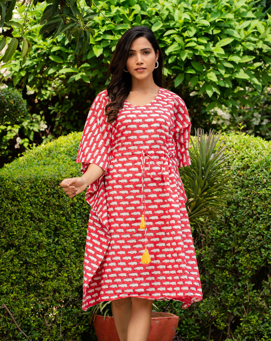 Happy Hippos Hand Block Printed Cotton Kaftan
