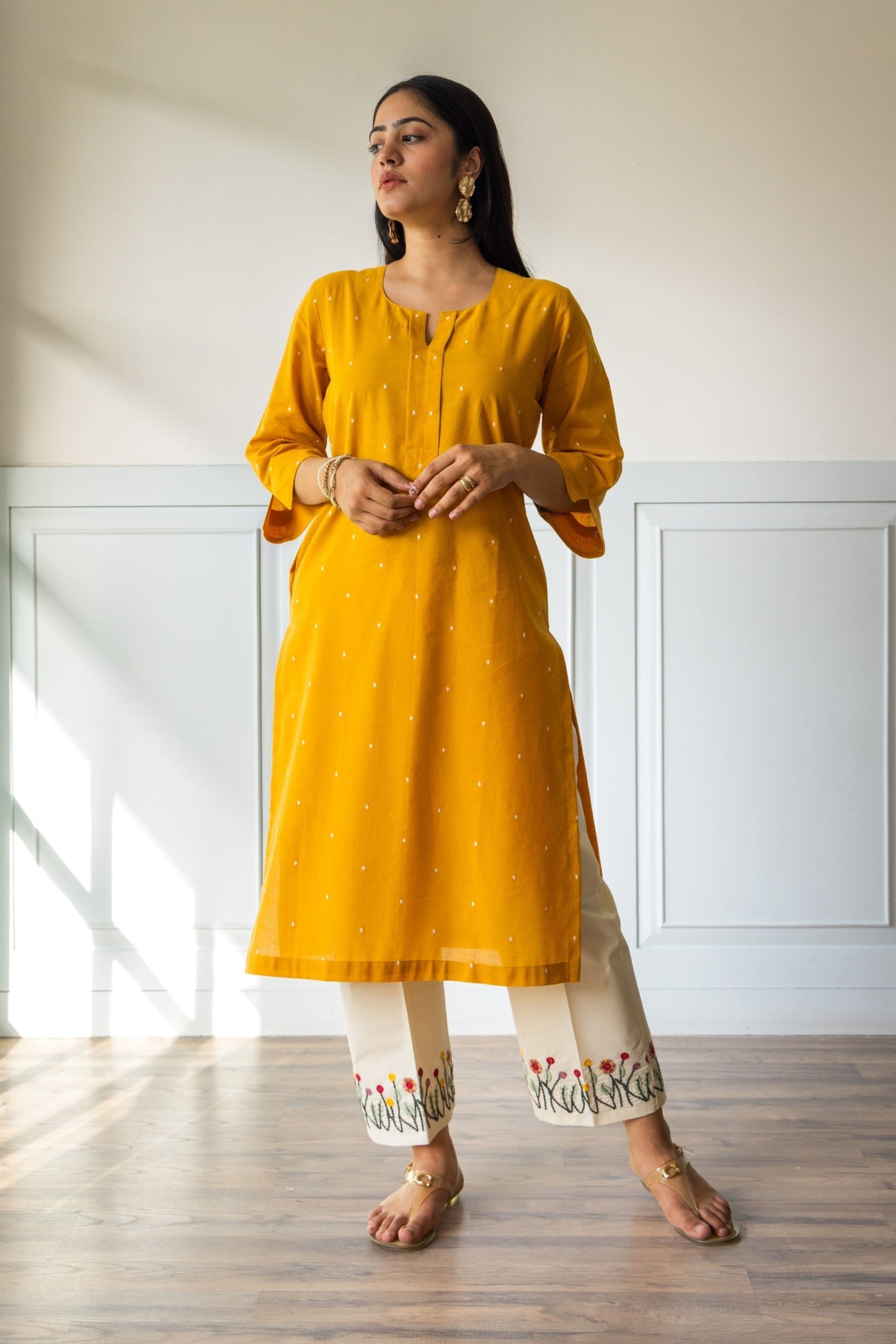 Honey Yellow Embroidered Kurta Pants Set