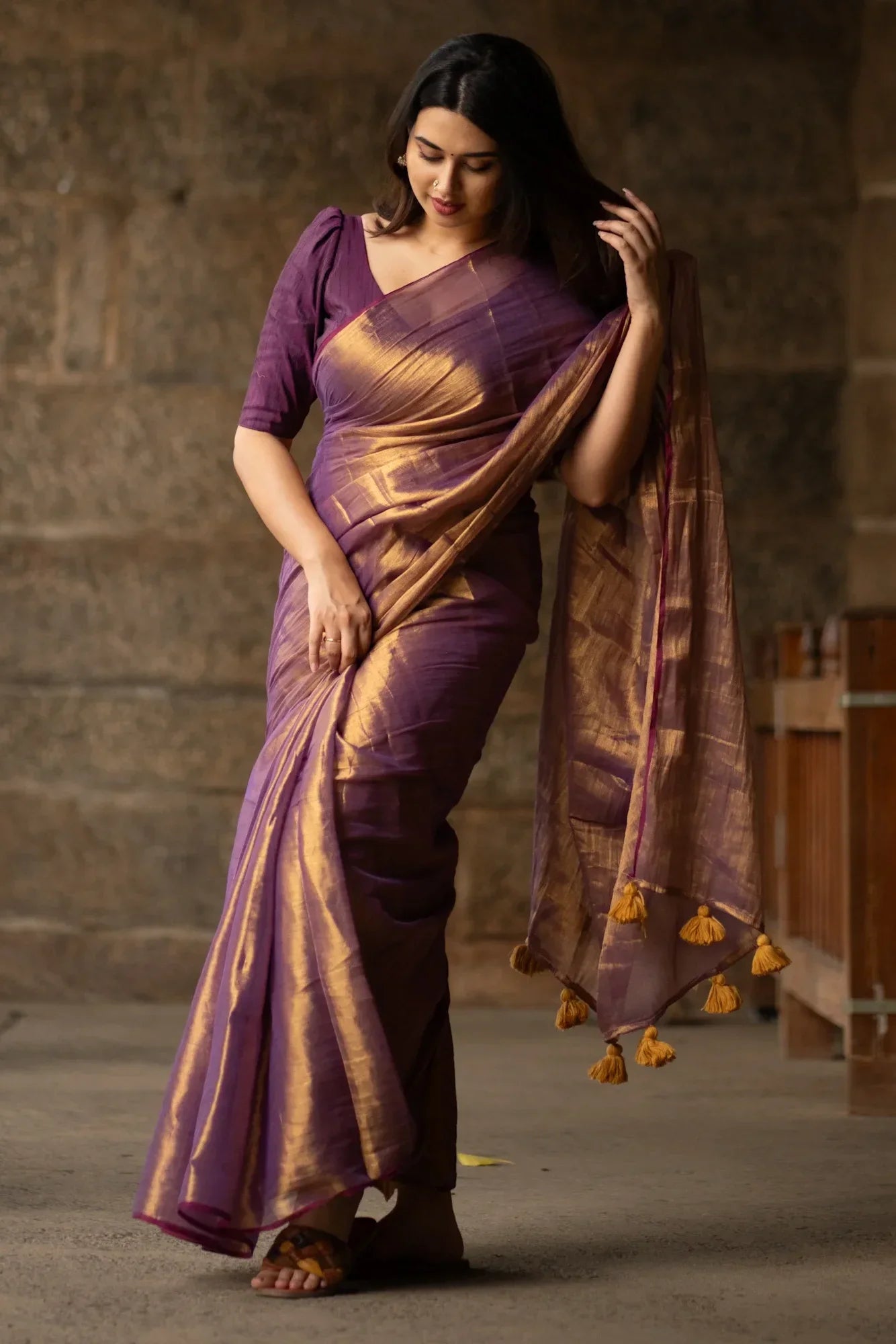 Metallic Zari tissue Saree With Handmade Tassels