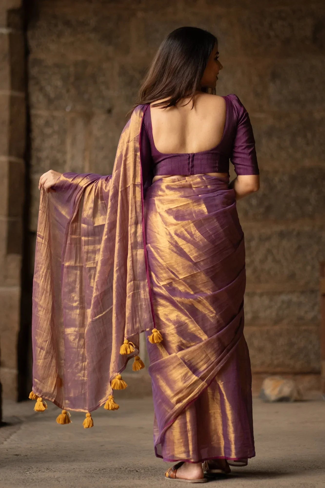 Metallic Zari tissue Saree With Handmade Tassels