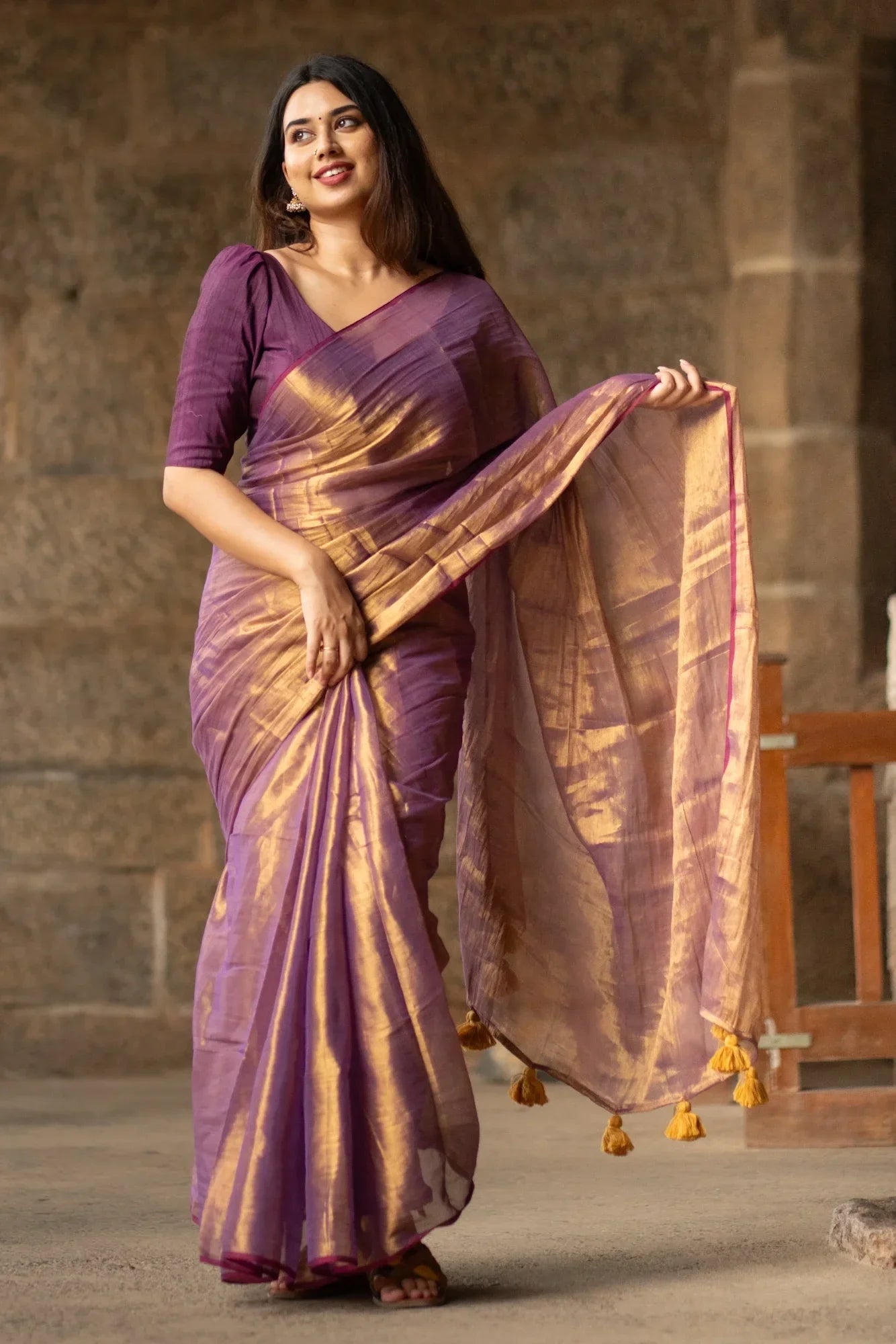 Metallic Zari tissue Saree With Handmade Tassels