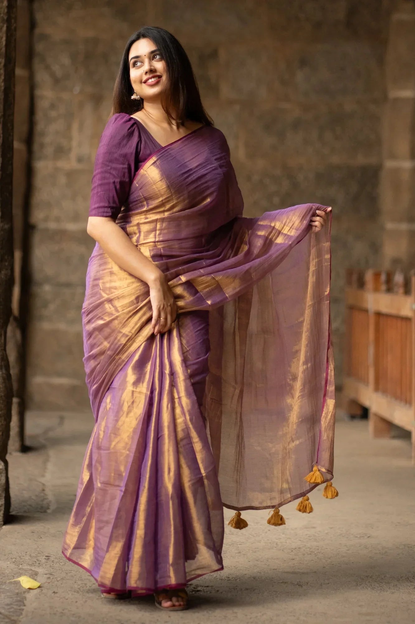 Metallic Zari tissue Saree With Handmade Tassels