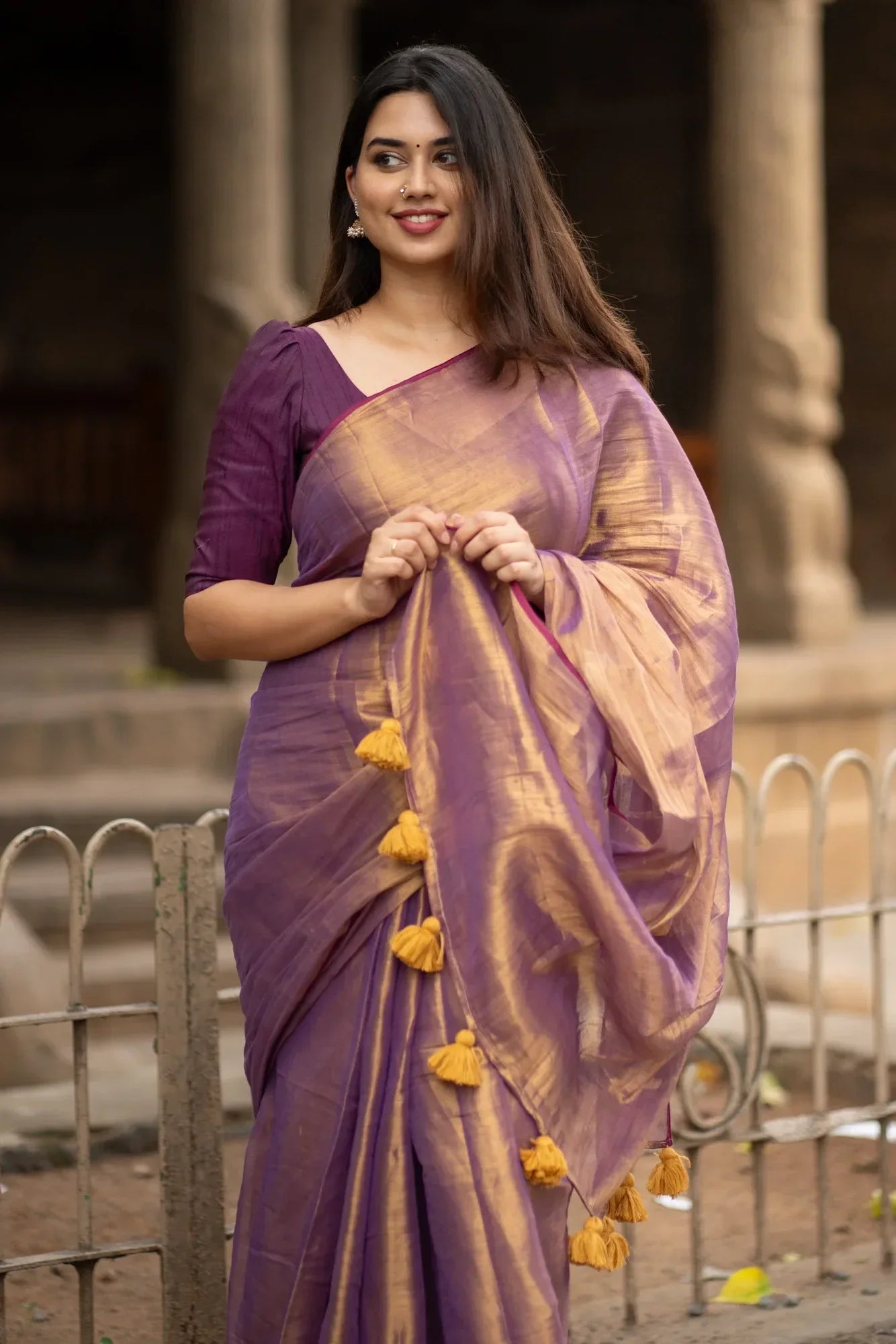 Metallic Zari tissue Saree With Handmade Tassels