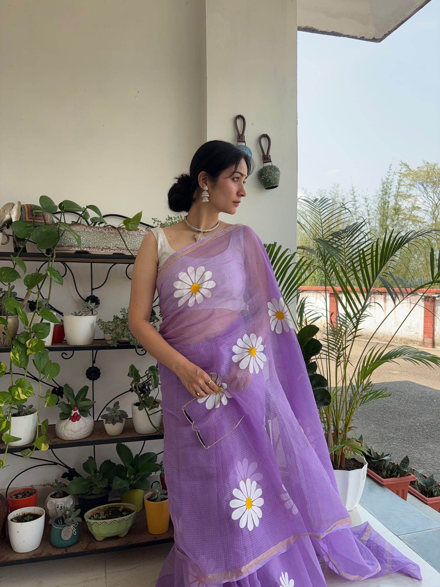 Lavender Mist Silk Kota Doria Handpainted Saree