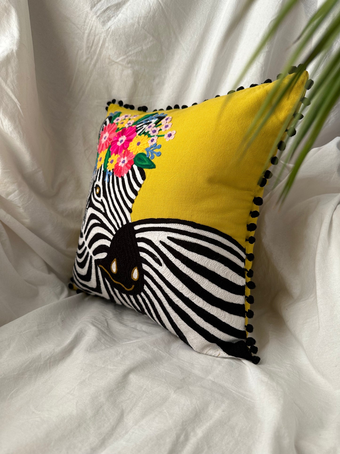 Embroidered Zebra Yellow Cushion Cover