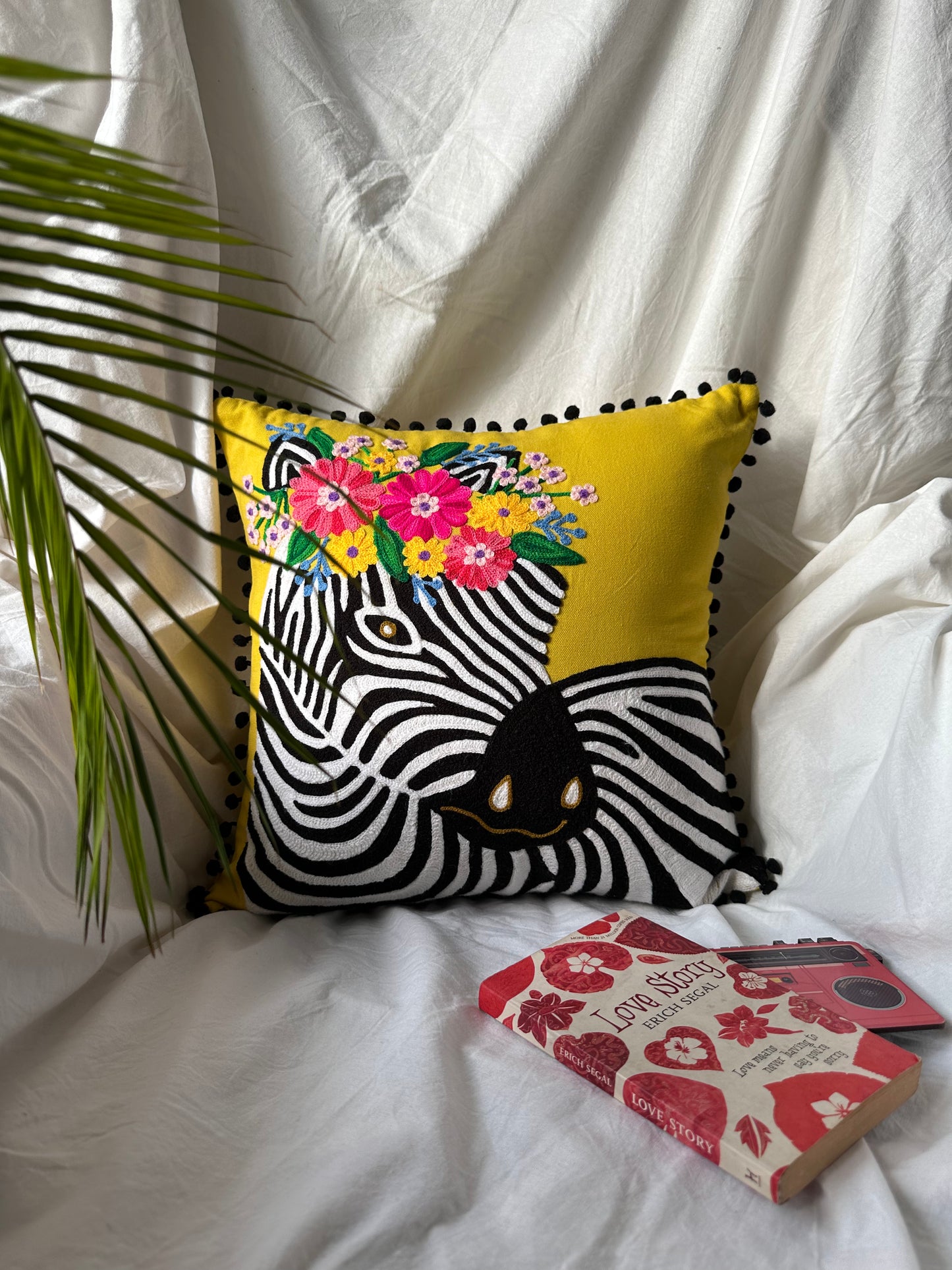 Embroidered Zebra Yellow Cushion Cover
