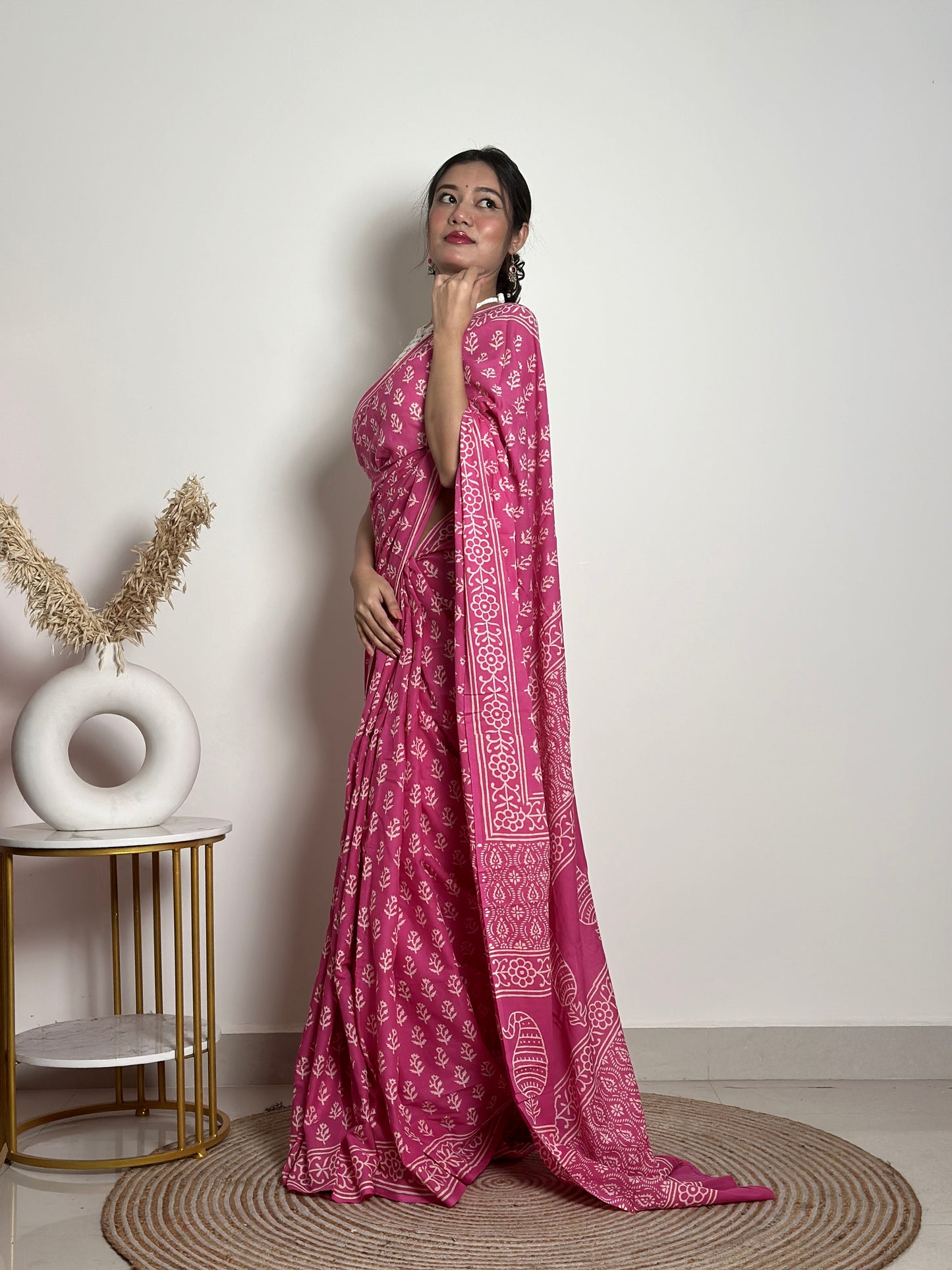 Candy Pink Poppins Handblocked Mul - Cotton Saree