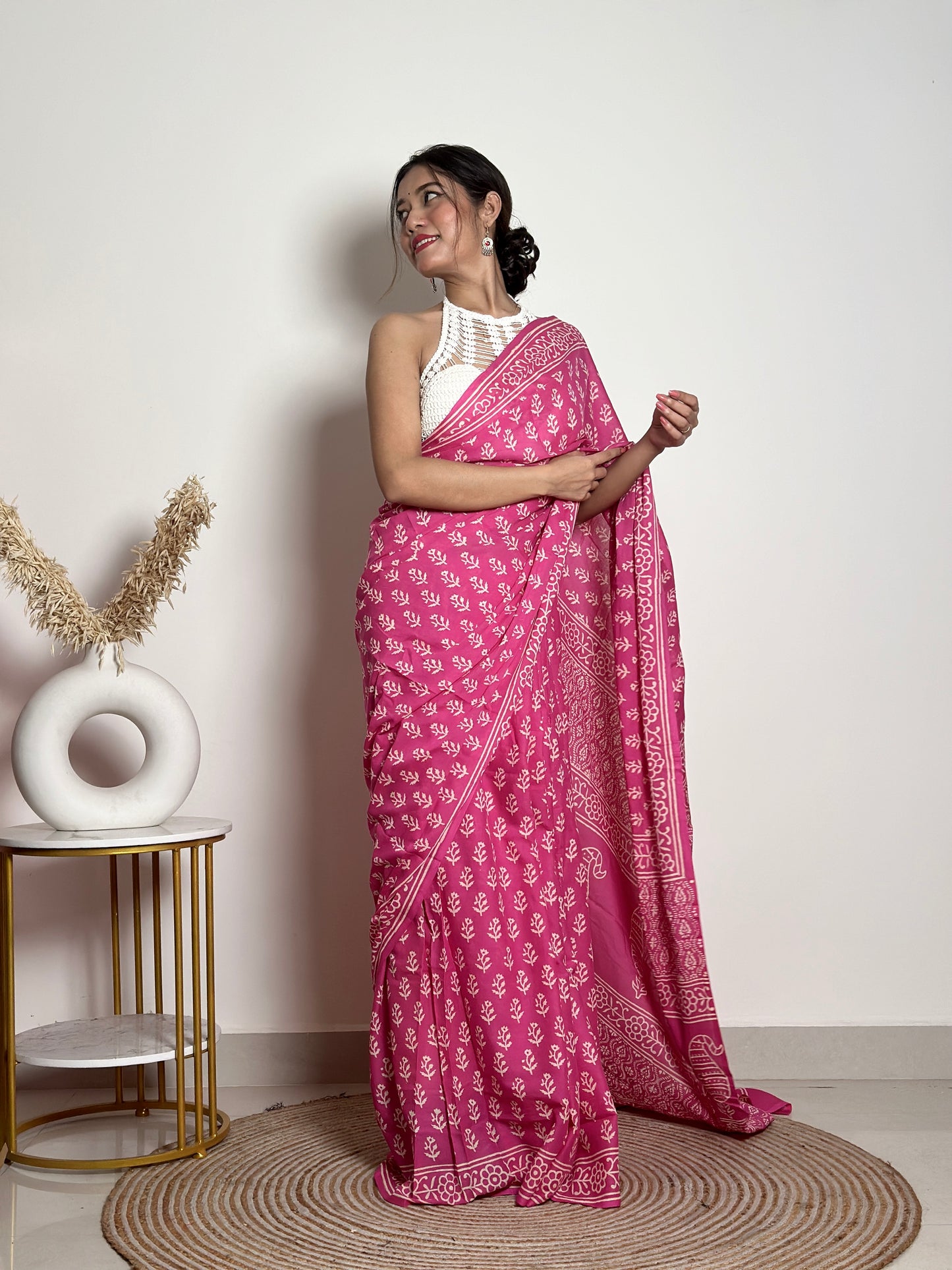 Candy Pink Poppins Handblocked Mul - Cotton Saree