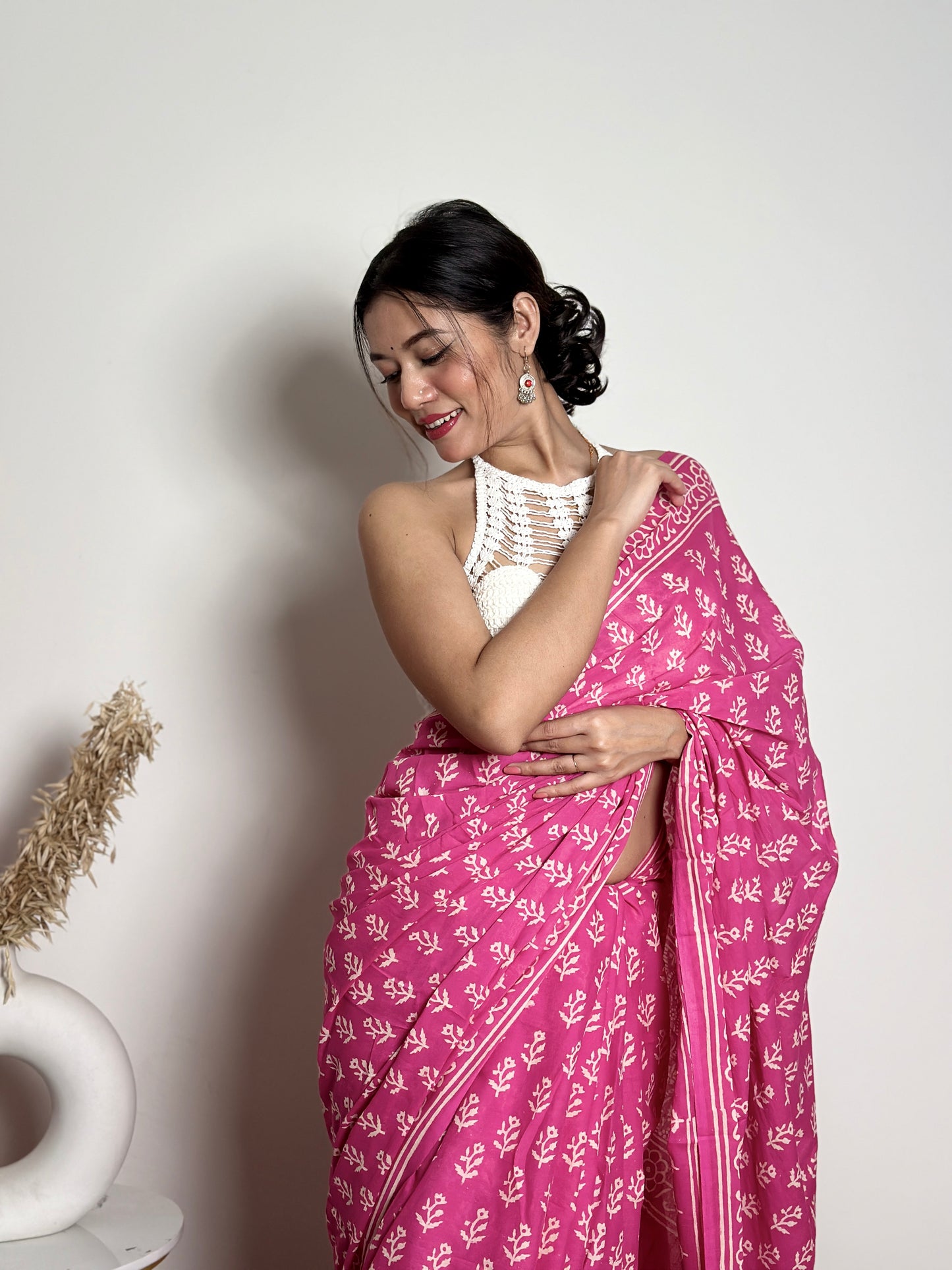 Candy Pink Poppins Handblocked Mul - Cotton Saree