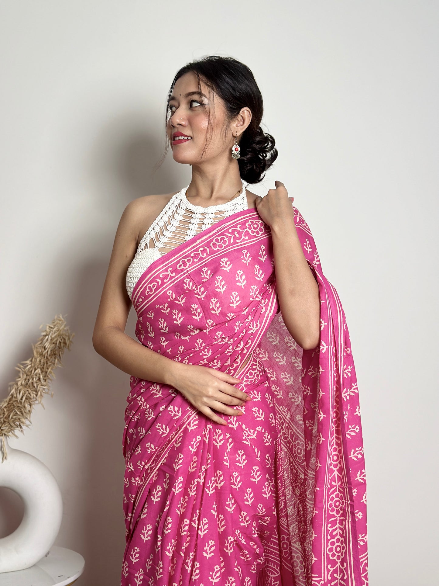 Candy Pink Poppins Handblocked Mul - Cotton Saree