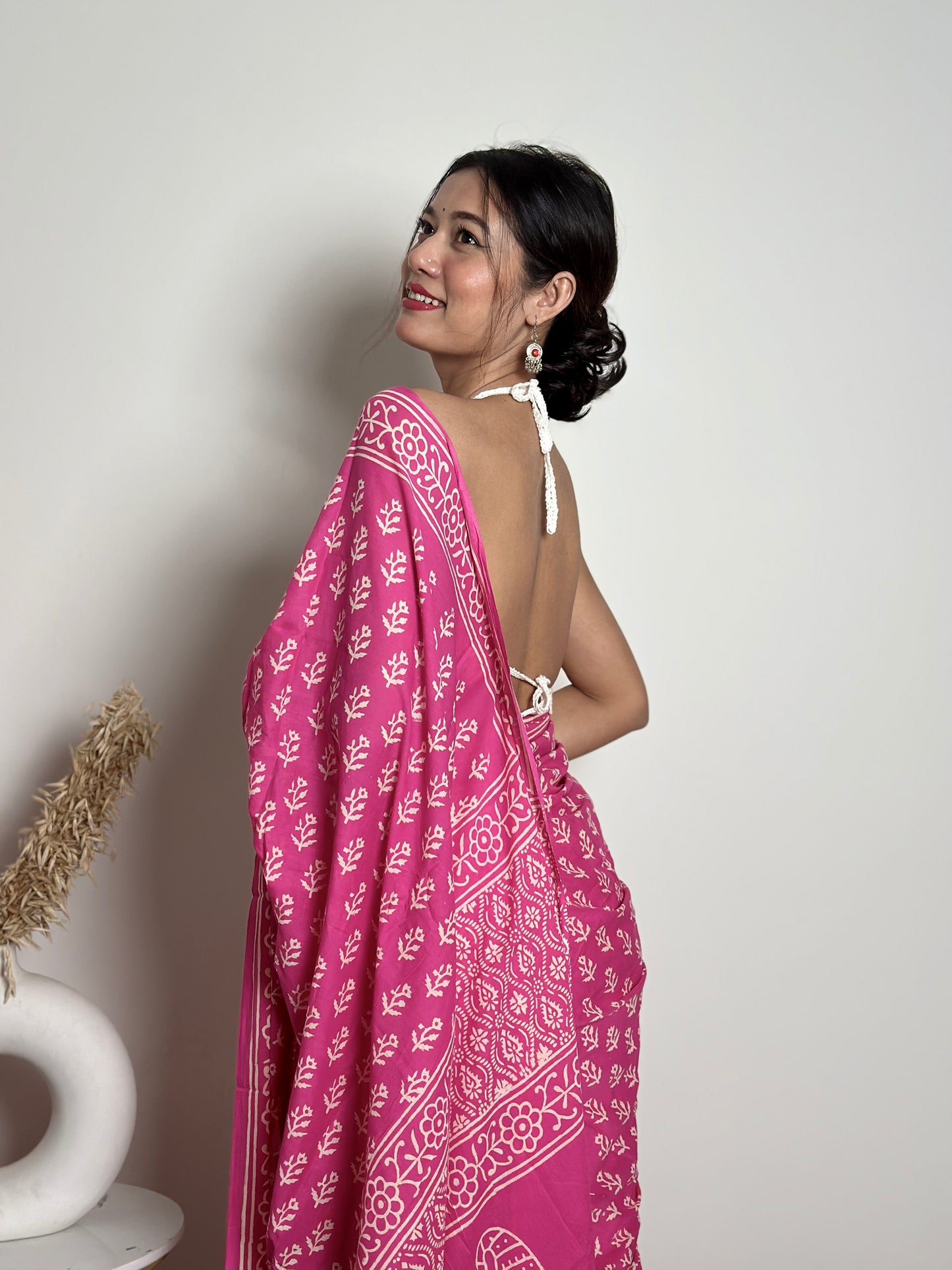 Candy Pink Poppins Handblocked Mul - Cotton Saree