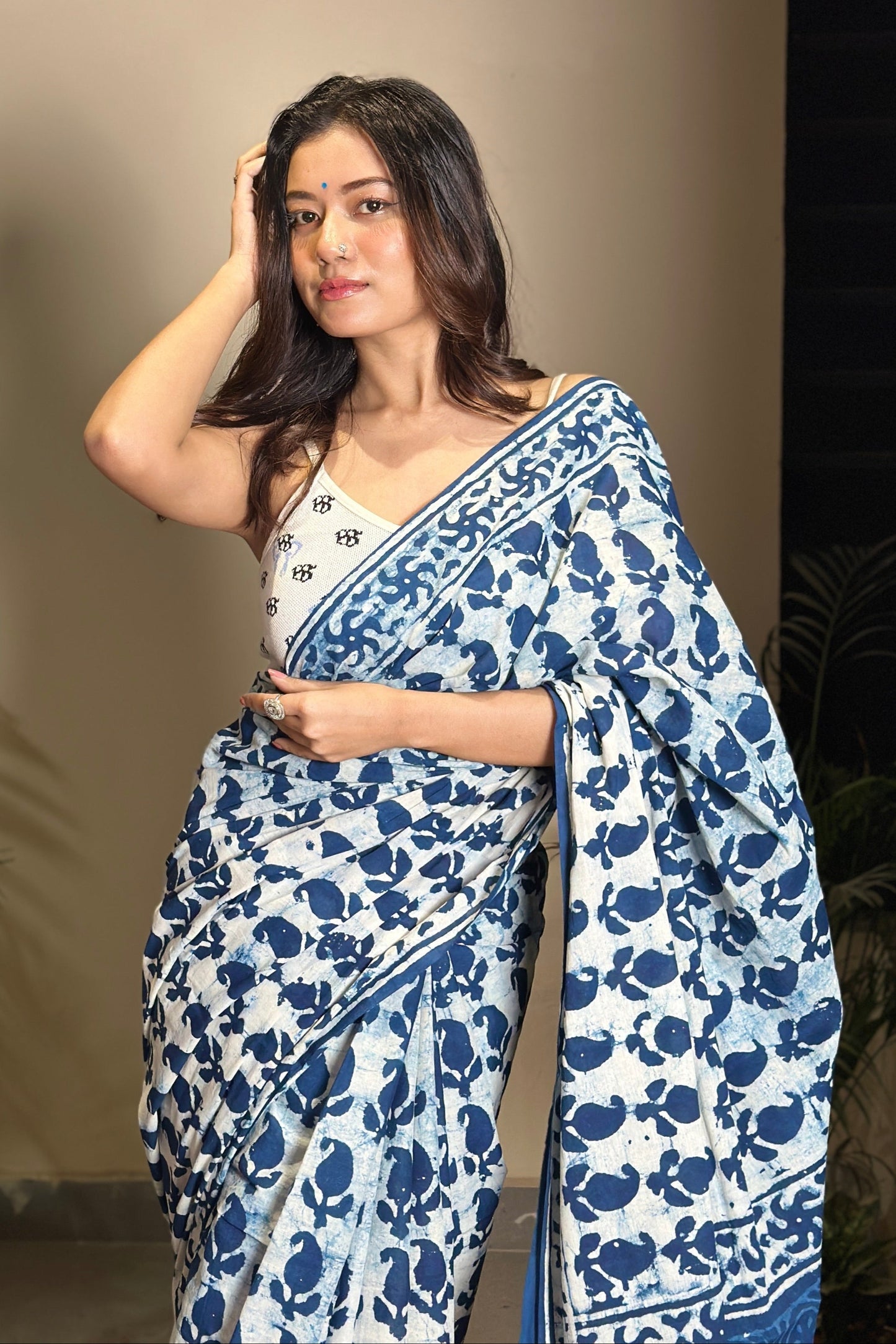 Inspired by Clouds Indigo Cotton Mulmul Dabu Saree