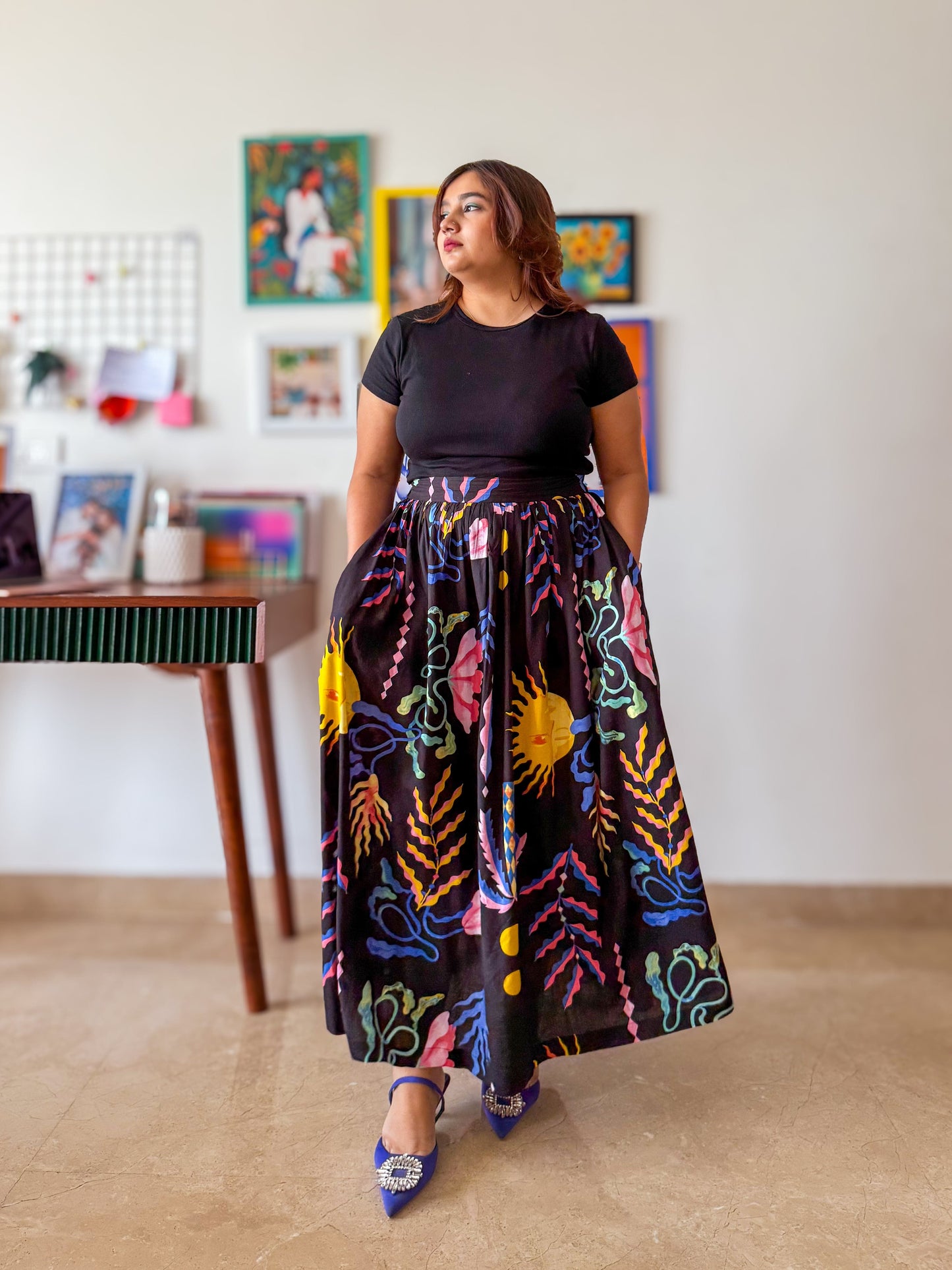 Galaxia Printed Gather Midi Skirt