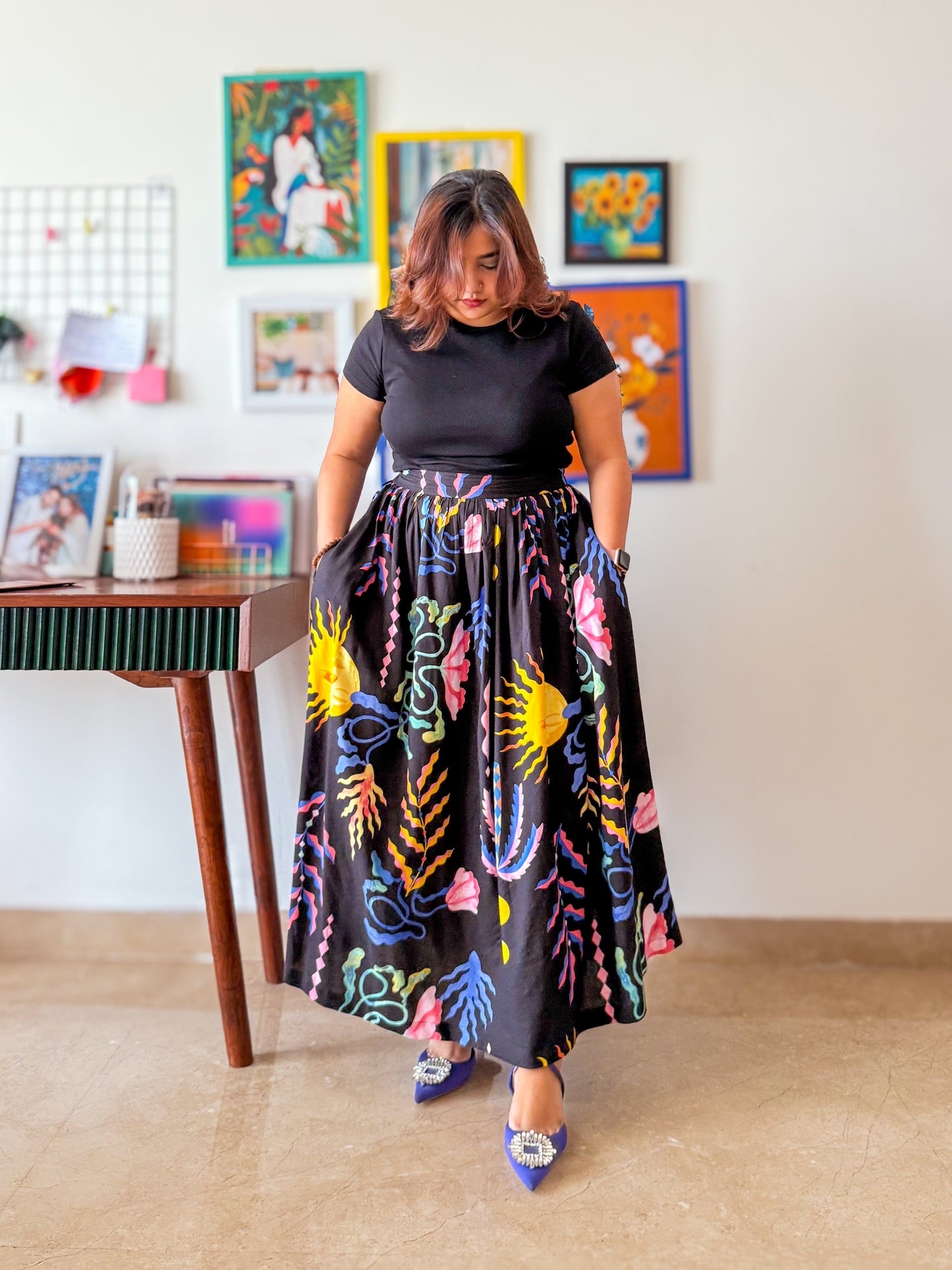 Galaxia Printed Gather Midi Skirt
