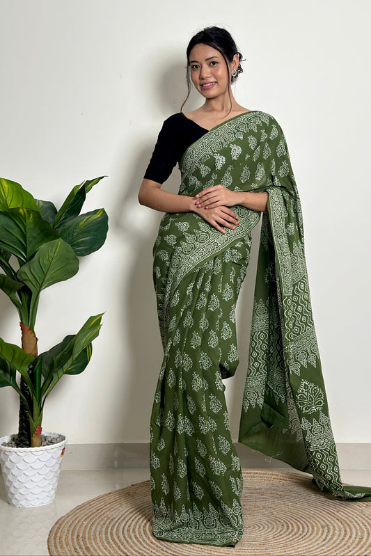 Olive Orchard Handblock Print Natural Dyed Mulmul Cotton Saree